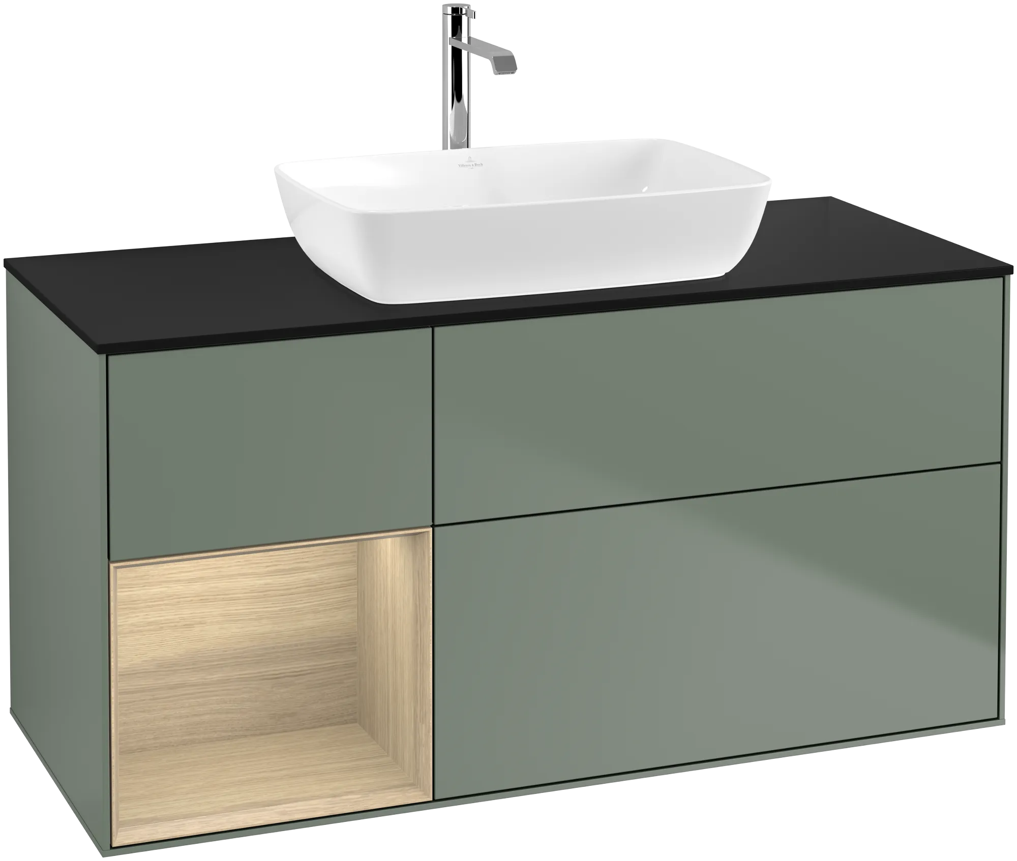 Villeroy & Boch Waschbeckenunterschrank Finion G82, 1200x603x501mm, Olive Matt Lacquer / Oak Veneer / Glass Black Matt