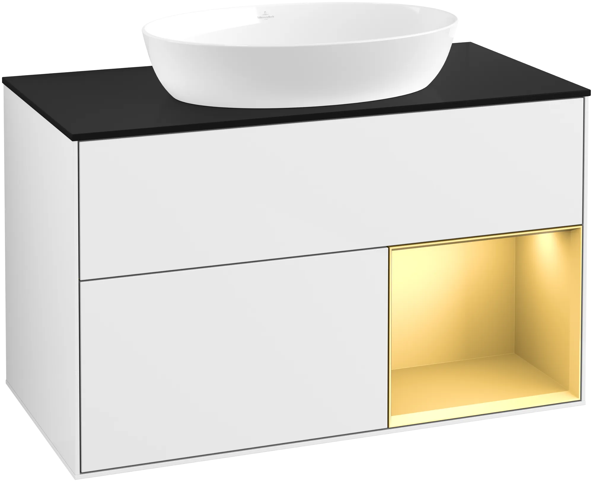 Villeroy & Boch Finion Waschbeckenunterschrank FA2, 1000 x 603 x 501 mm, Glossy White Lacquer / Gold Matt Lacquer / Glass Black Matt