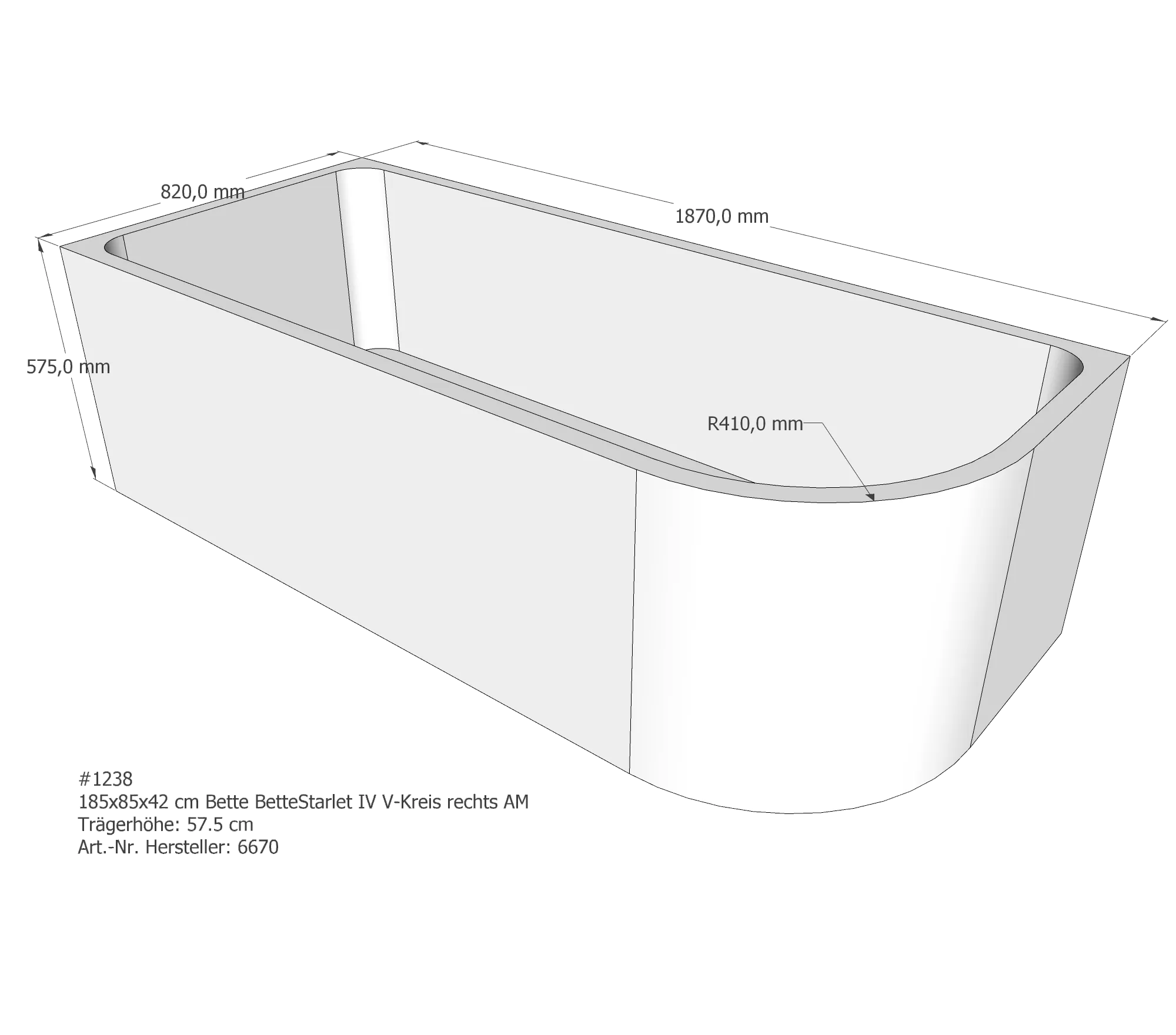 Badewannenträger für Bette Starlet IV rechts 185 × 85 × 42 cm Breite: 85 cm / Länge: 185 cm
