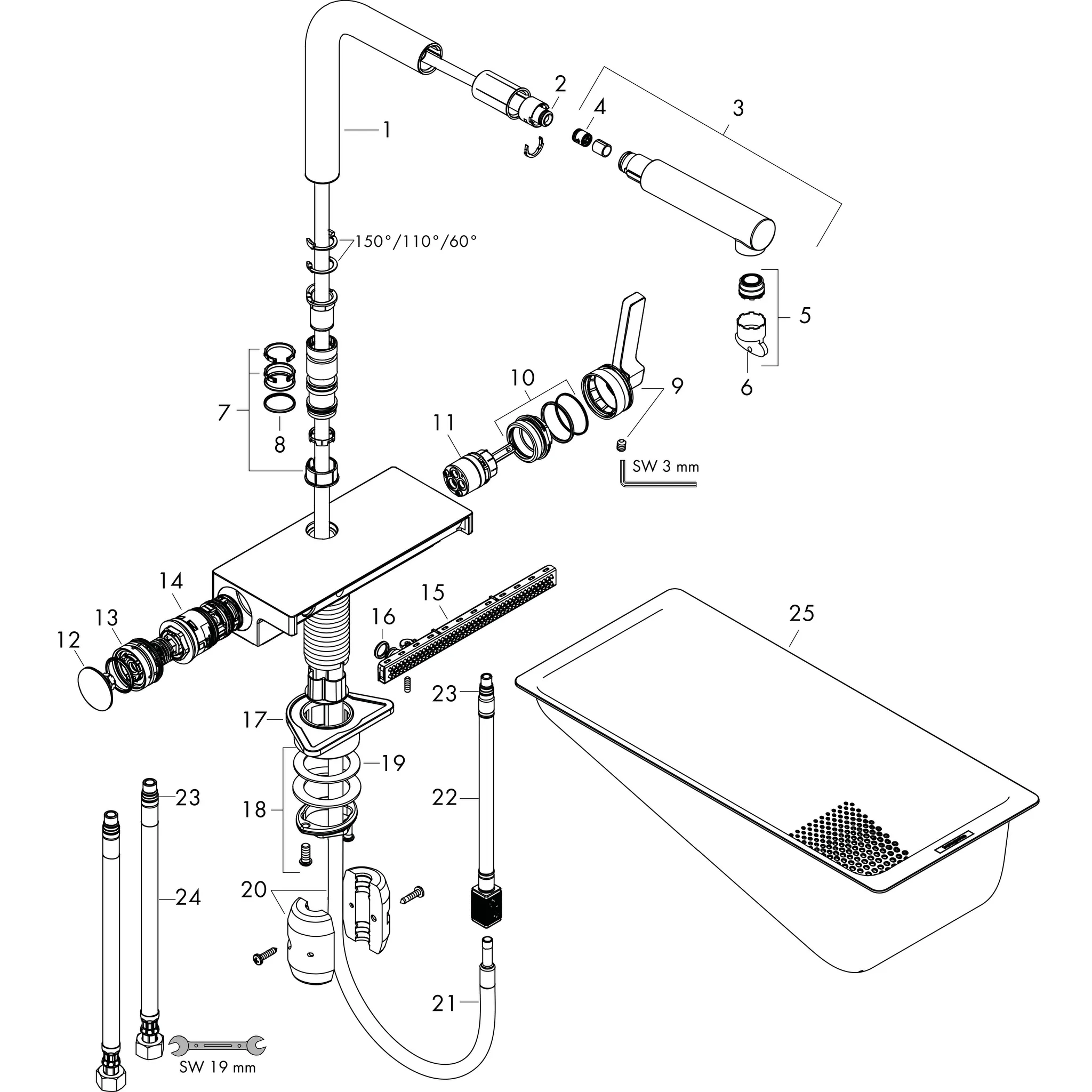 Hansgrohe Aquno Select M81 Einhebel-Küchenmischer mit Ausziehauslauf, Edelstahl, 35 mm Hahnlochbohrung, Schwenkbereich einstellbar in 3 Stufen