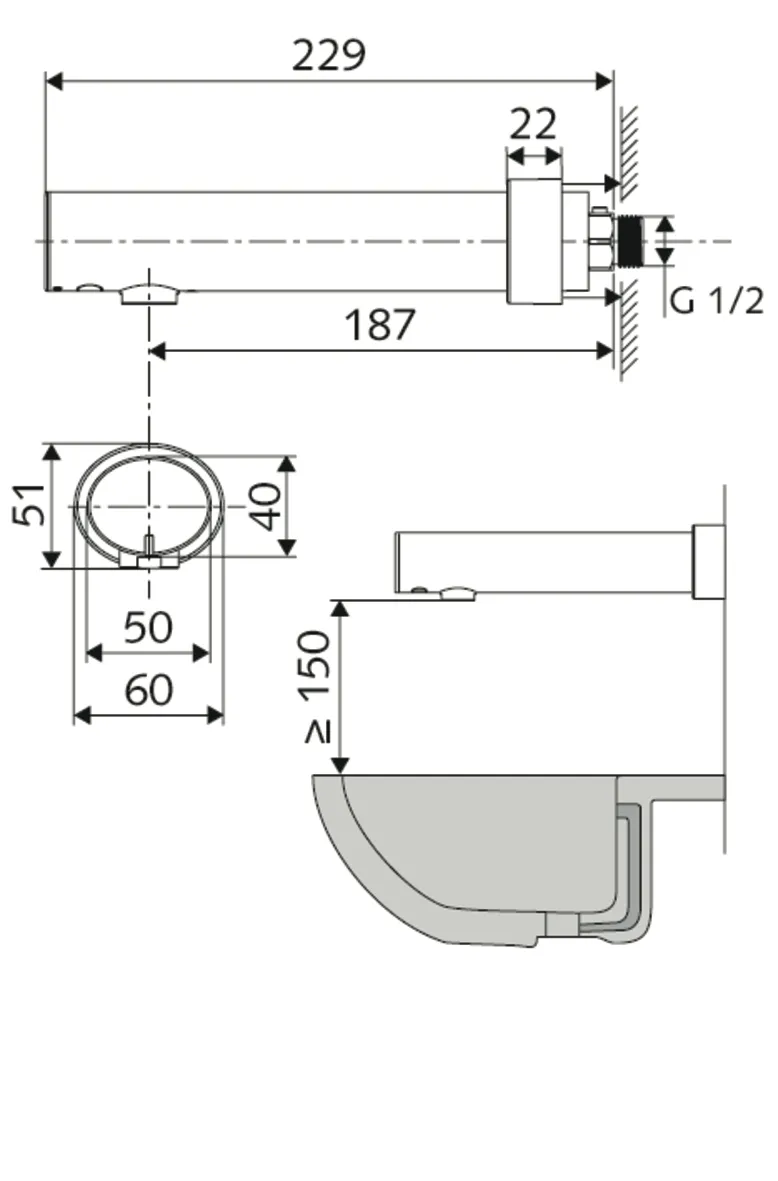 Aufputz-Waschtisch-Armatur MODUS E, HD-K - Hochdruck Kaltwasser / vorgemischtes Wasser, Infrarot-Sensor-Wandauslauf-Armatur, Vorabsperrung, Batteriefach, G 1/2 AG, Ausladung bis Mitte Strahlregler: 187 mm, chrom