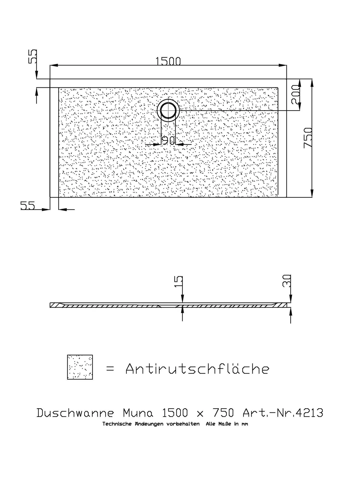 Hoesch Muna Duschwanne Mineralguss Solique, Weiß matt, 1500x750x30mm Hoesch Muna Duschwanne Mineralguss Solique, Weiß matt, 1500x750x30mm