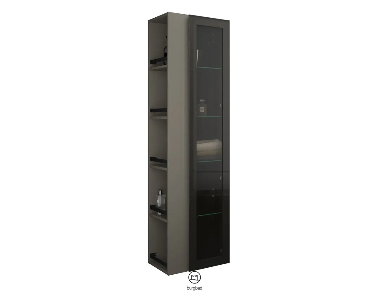 Hochschrank Yumo von burgbad - 320 mm tief, 500 mm breit, 1760 mm hoch mit Rauchglaseinsatz in Bronze und offenem Regal Hochschrank Yumo von burgbad - 320 mm tief, 500 mm breit, 1760 mm hoch mit Rauchglaseinsatz in Bronze und offenem Regal