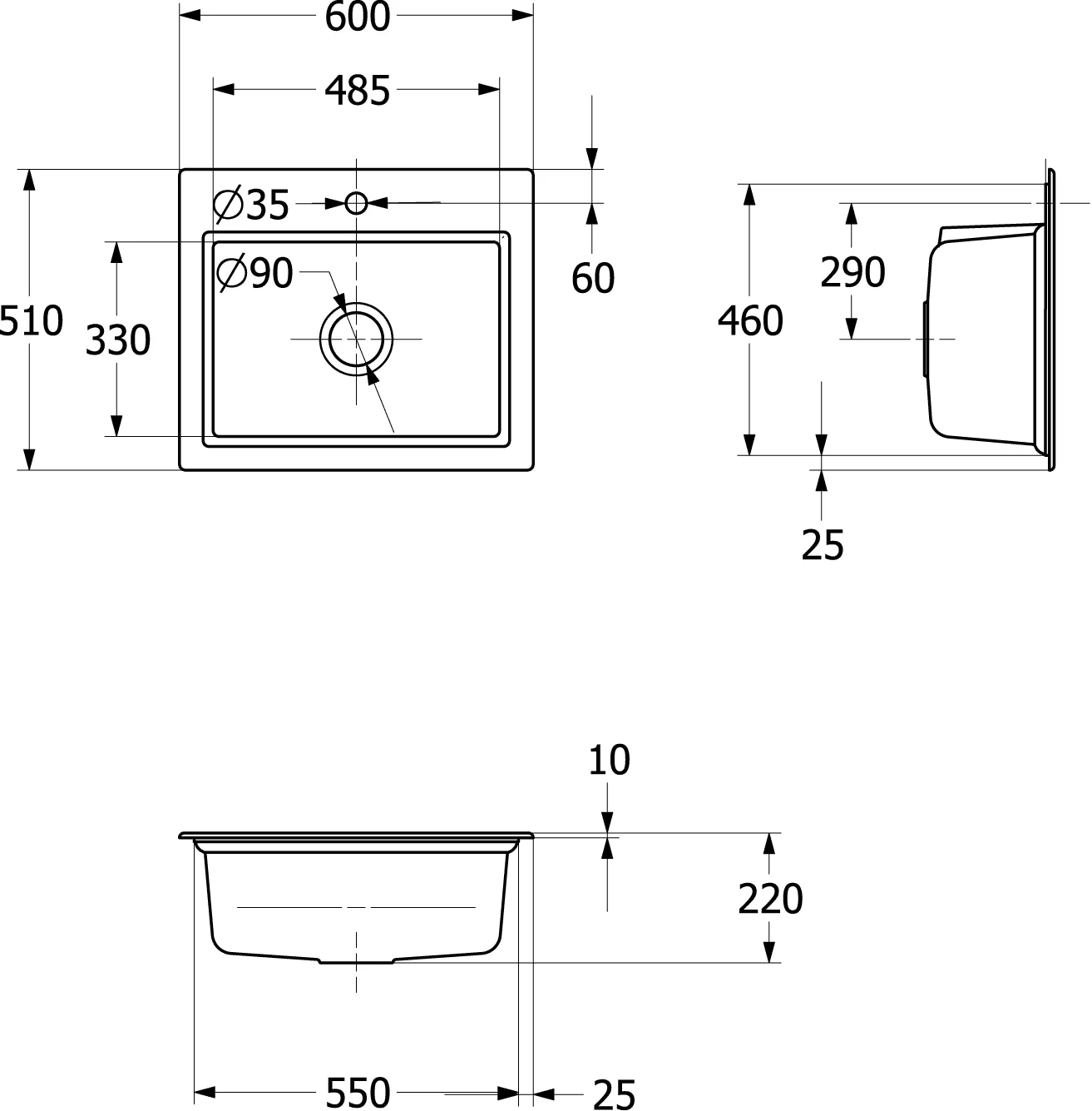 Villeroy & Boch Subway Style 60 S Einbauspüle, 600 x 510 mm, inklusive Ablaufgarnitur
