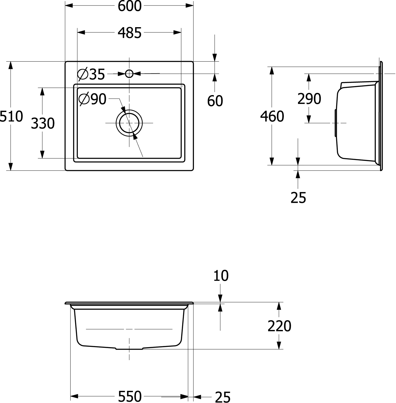 Villeroy & Boch Subway Style 60 S Einbauspüle, 600 x 510 mm, Keramik, Almond CeramicPlus