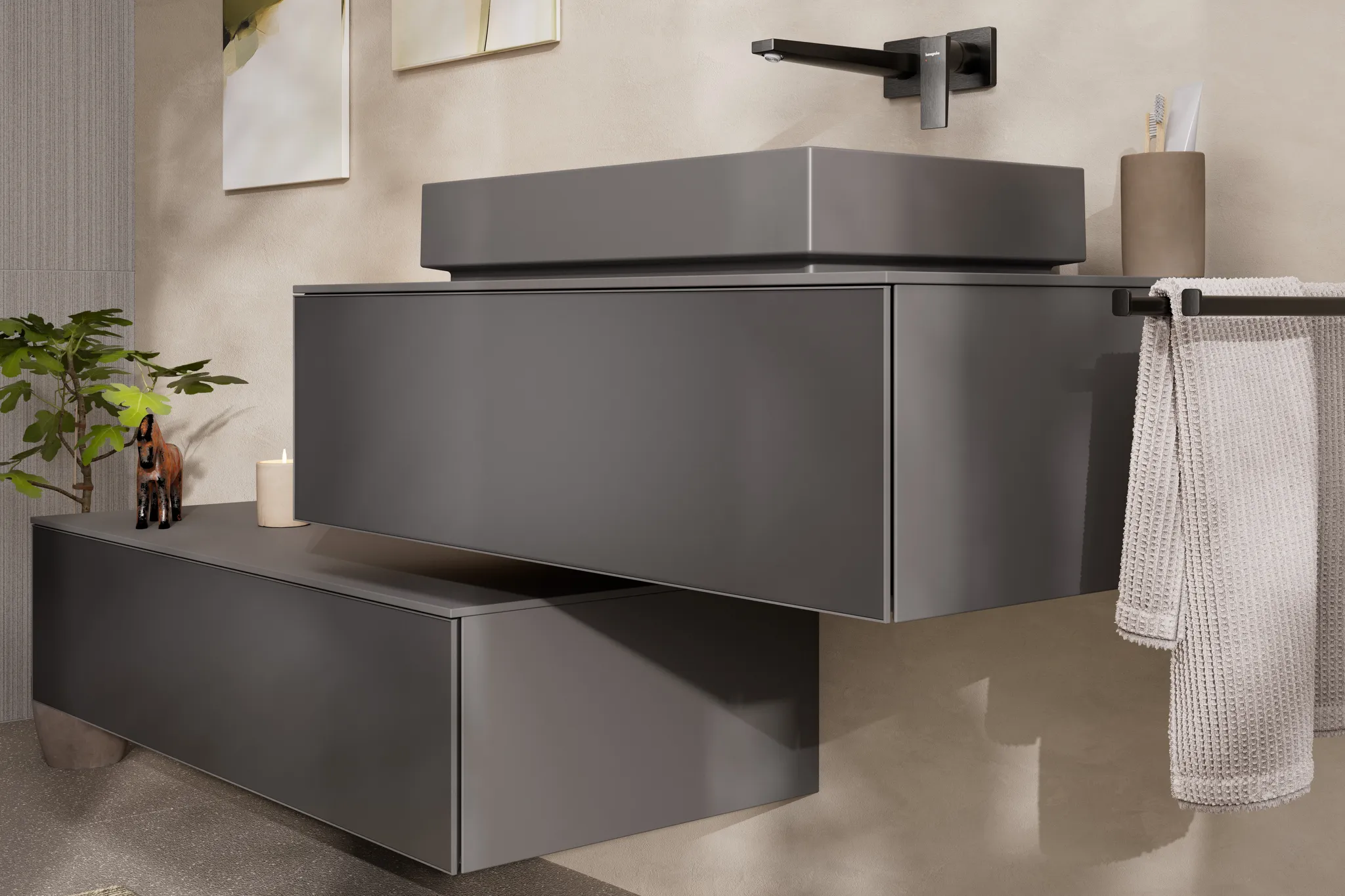 Xevolos E Waschtischunterschrank Schiefergrau Matt 980/550 mit 1 Schubkasten für Konsole mit Ausschnitt mittig, Oberfläche Front: Bronze Struktur Xevolos E Waschtischunterschrank Schiefergrau Matt 980/550 mit 1 Schubkasten für Konsole mit Ausschnitt mittig, Oberfläche Front: Bronze Struktur