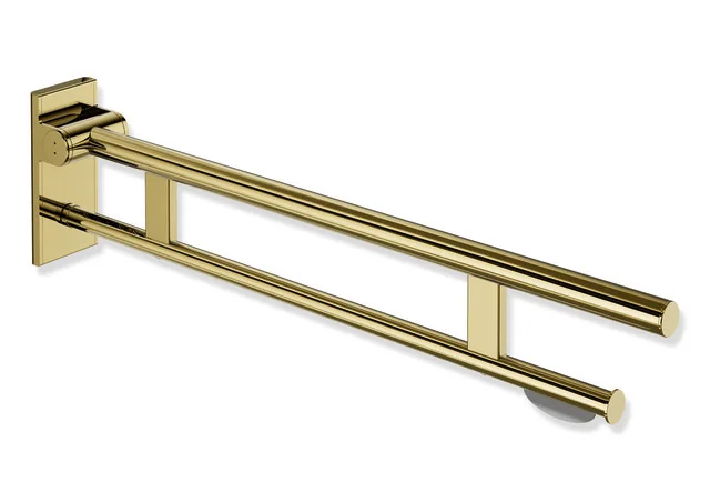 HEWI System 900 - Mobiler Stützklappgriff Duo, Edelstahl PVD gold glänzend, Ausladung 850 mm, mit WC-Papierhalter