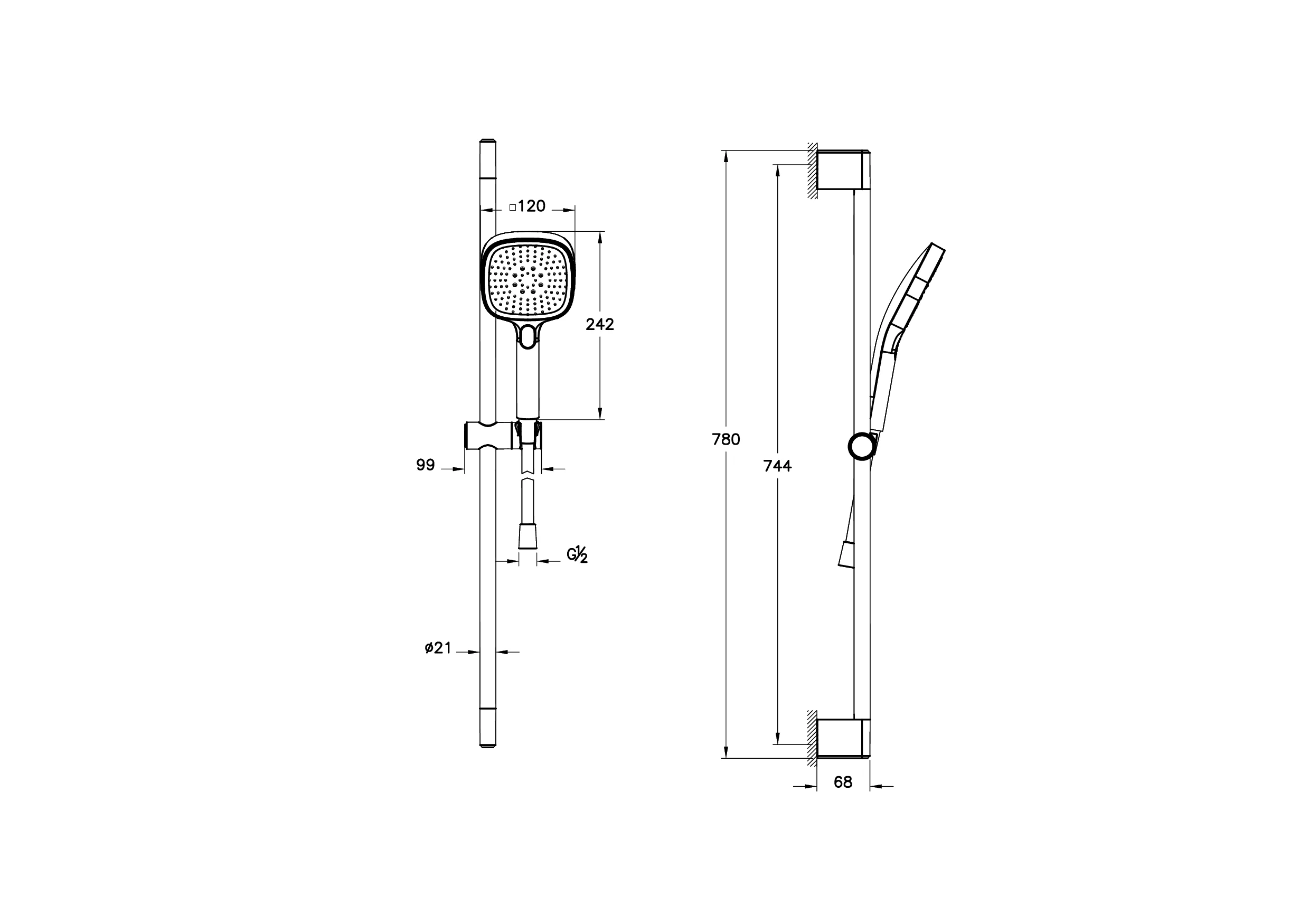 Core Square Handbrause-Set mit Wandstange und Abgang G 1/2″ Chrom