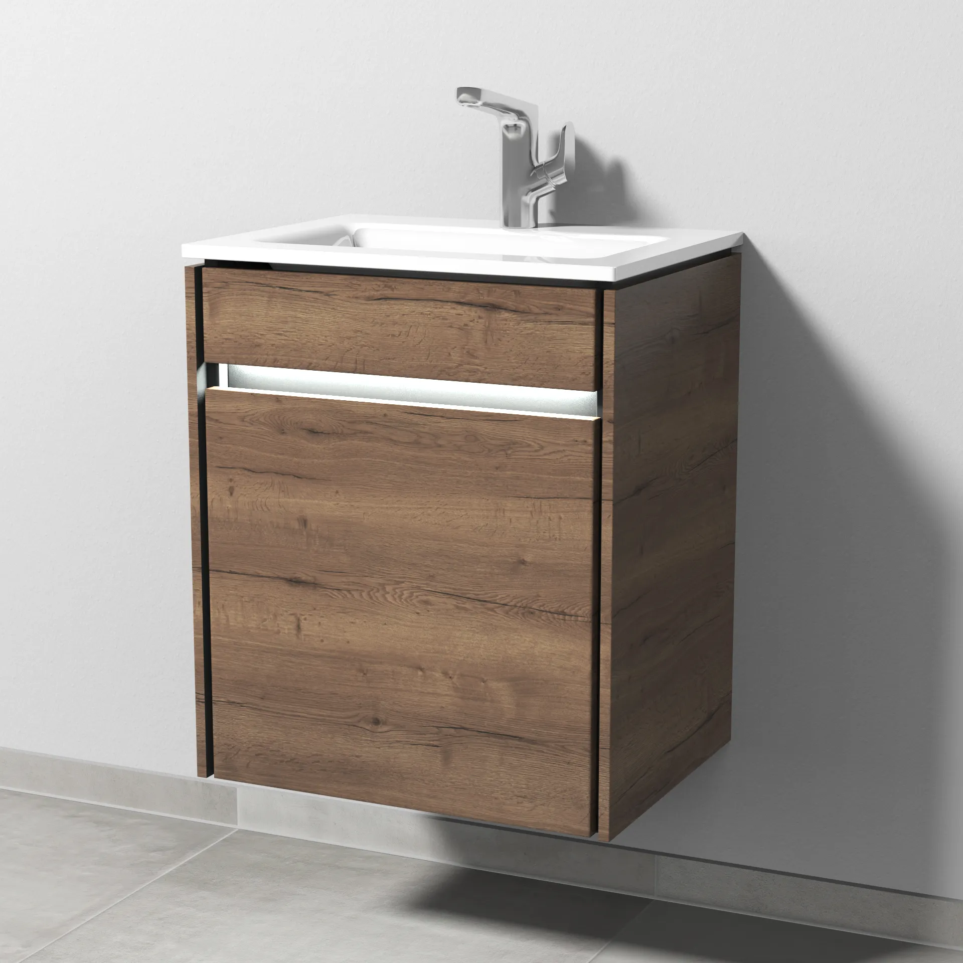 Sanipa Glas-Waschtisch-Set mit Waschtischunterschrank „Twiga“ 515 × 395 × 605 mm in Eiche Tabak, Anschlag links, mit Beleuchtung