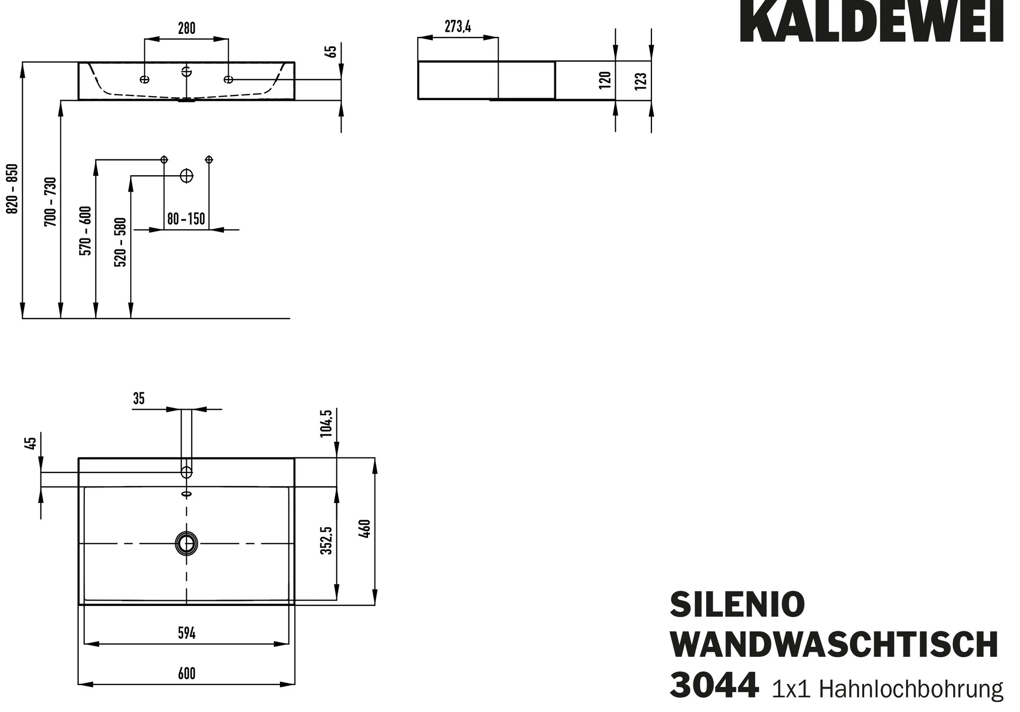 Kaldewei SILENIO Wandwaschtisch, 600x460 mm, cool grey 70, Perl-Effekt, Antidröhn mit 1er Hahnlochbohrung, mit Überlauf, Sichtteile alpinweiß