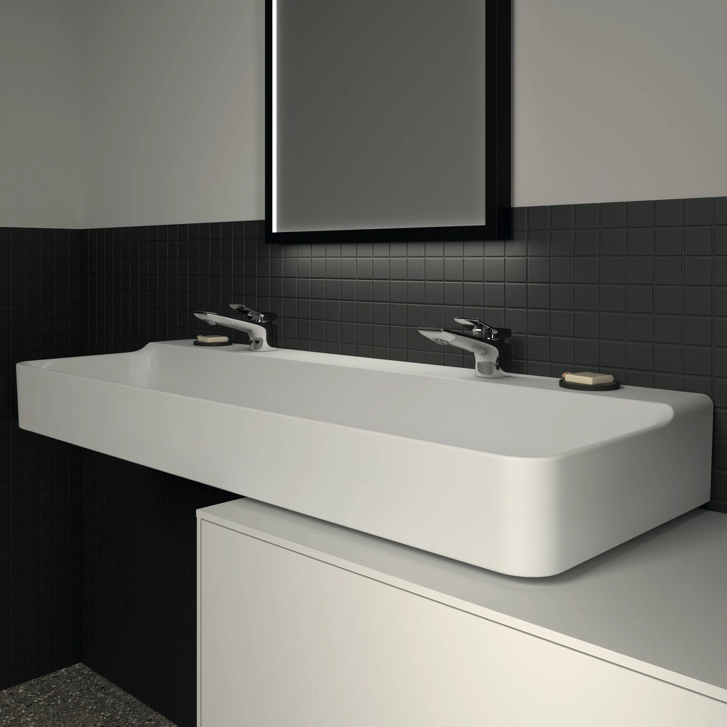 Waschbecken „Conca“ 120 × 45 × 14,5 cm, Hahnlochposition links und rechts in Weiß