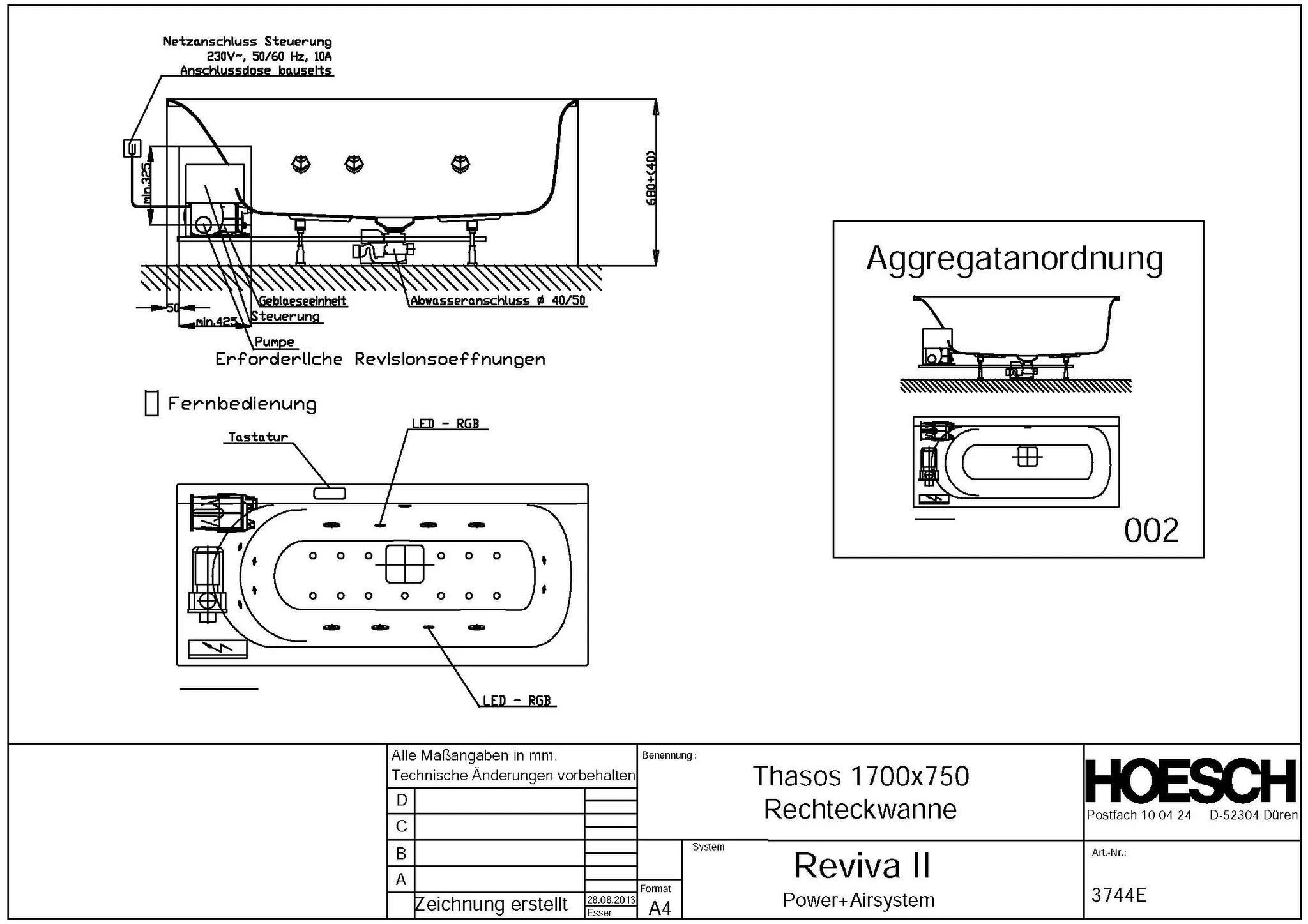 Hoesch Whirlwanne Thasos Rechteck 1700x750 Weißen verchromt Motor links mit Reviva II Power+Air