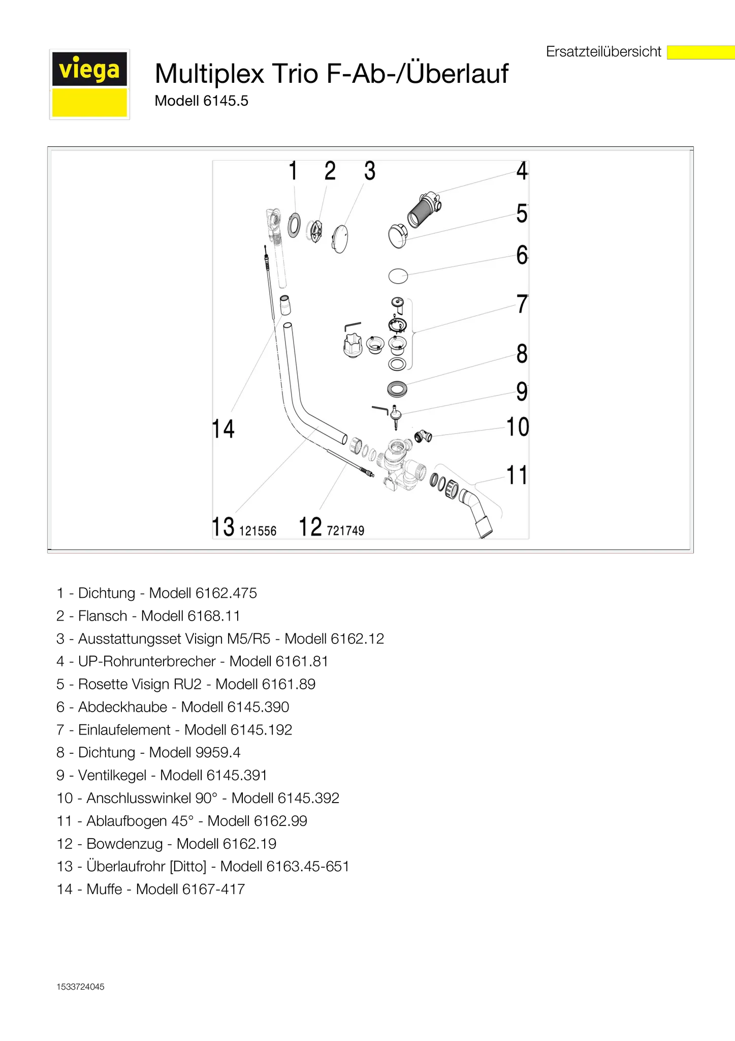 Viega Ab- und Überlaufgarnitur mit Zulauffunktion Modell 6145.5 „Multiplex Trio“ in 725 mm × DN40 / 50 Kunststoff verchromt 19 cm