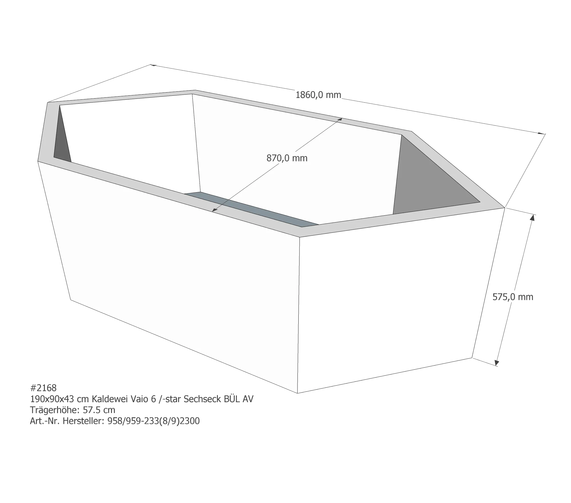 Badewannenträger für Kaldewei Vaio 6 190 × 90 × 43 cm Ab- und Überlaufposition: hinten