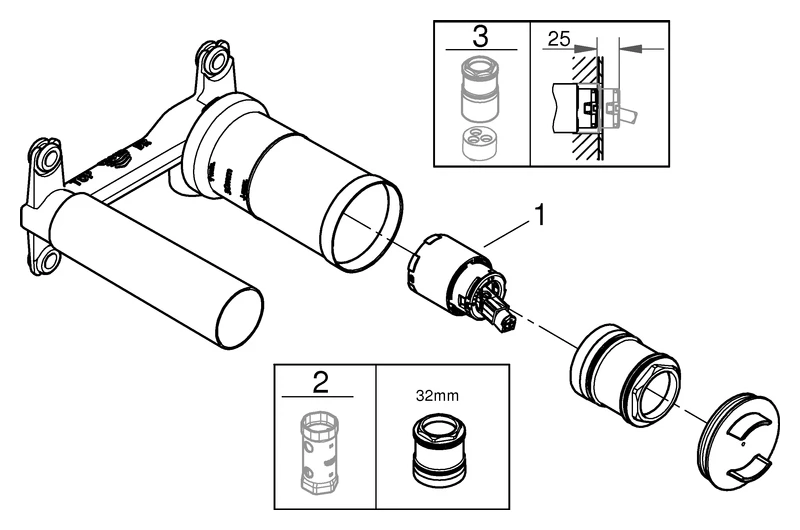 Einhand Unterputz-Universal-Einbaukörper 23571, DN 15, für 2-Loch-Waschtischbatterien, Wandeinbau, 35 mm Keramikkartusche, mit Temperaturbegrenzer