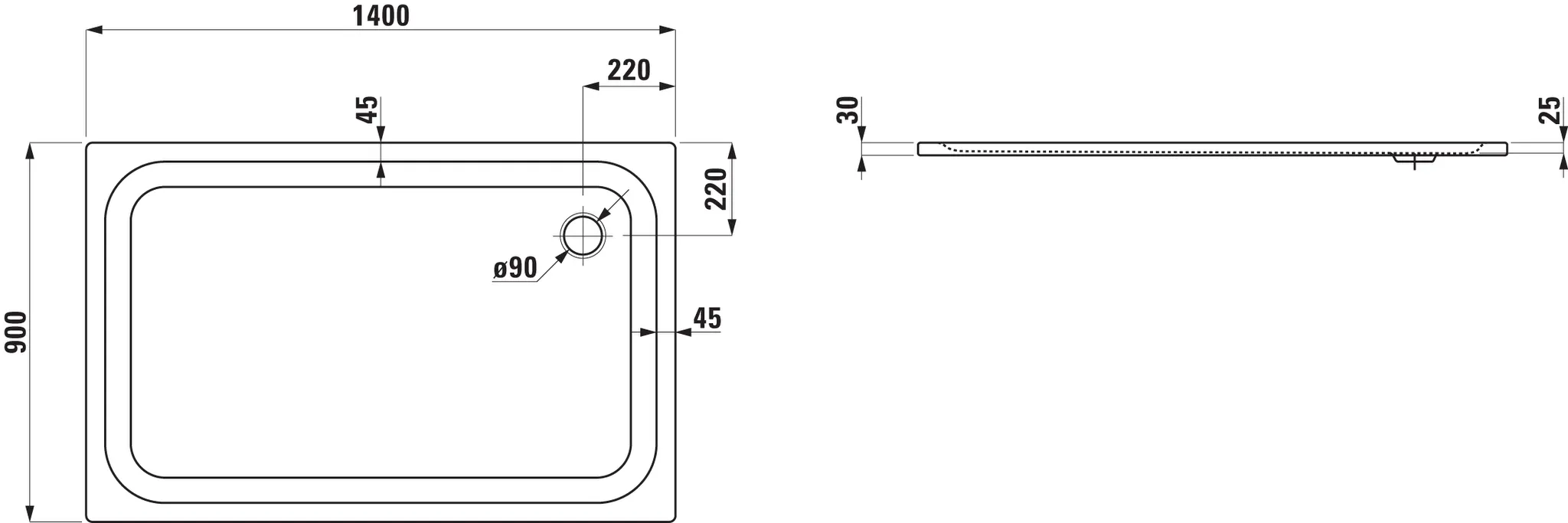 Laufen rechteck Duschwanne „Platina“ 1400 × 900 mm ohne Oberflächenbeschichtung, ohne Oberflächenveredelung, in Weiß (matt)