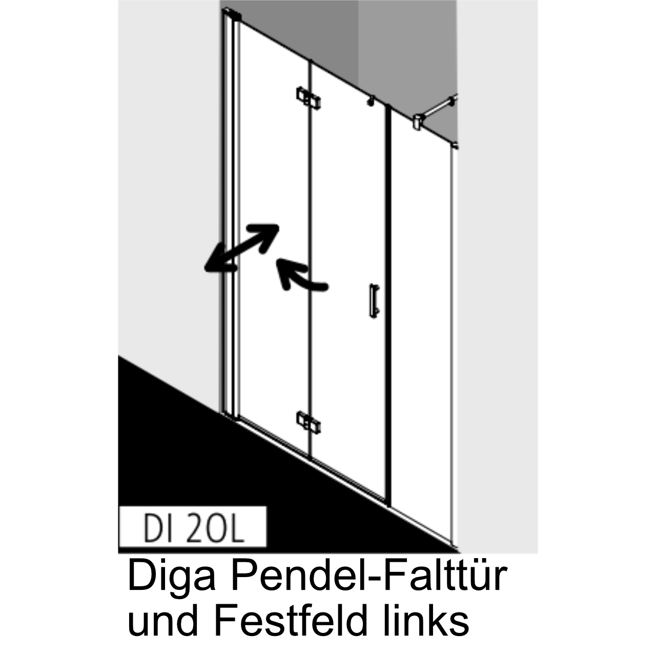 Kermi Pendel-Falttür mit Festfeld rechts „Diga“ Glas Klar, Falttür BV: 980 - 1020 mm WE: 980 - 1020 mm H: 1850 mm