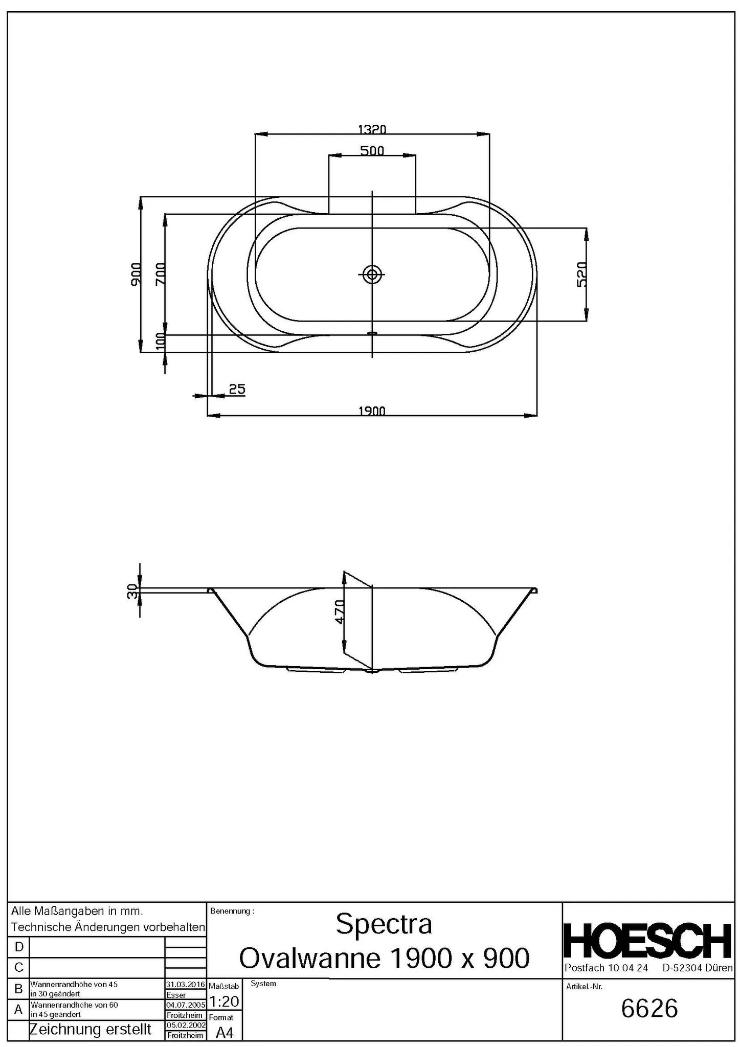 Hoesch Badewanne „Spectra“ oval 190 × 90 cm