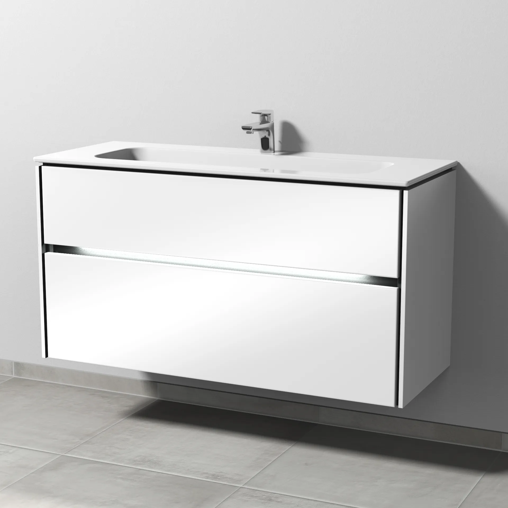 Keramik-Waschtisch-Set mit Waschtischunterschrank „Twiga“ 119 × 46 × 61 cm in Weiß (glanz), mit Hahnlochbohrung, mit Beleuchtung