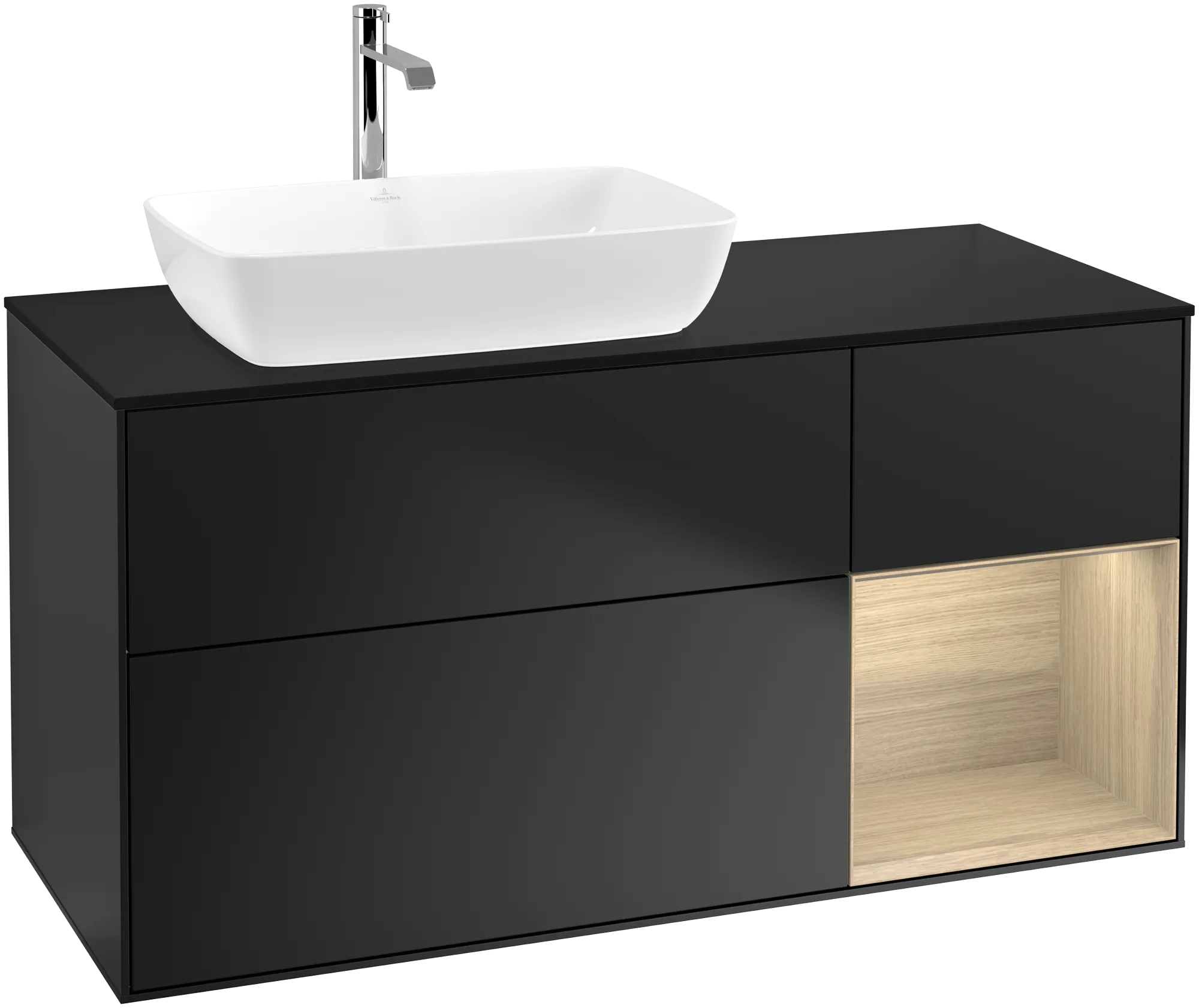 Villeroy & Boch Finion Waschbeckenunterschrank F81, 1200x603x501mm, Black Matt Lacquer / Oak Veneer / Glass Black Matt
