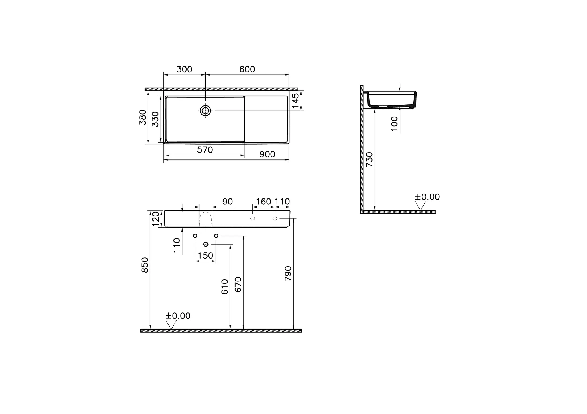 VitrA ArchiPlan Waschtisch Compact asymmetrisch 90 x 38 cm rechteckig wandgebunden ohne Hahnloch ohne Überlaufloch Weiß Hochglanz