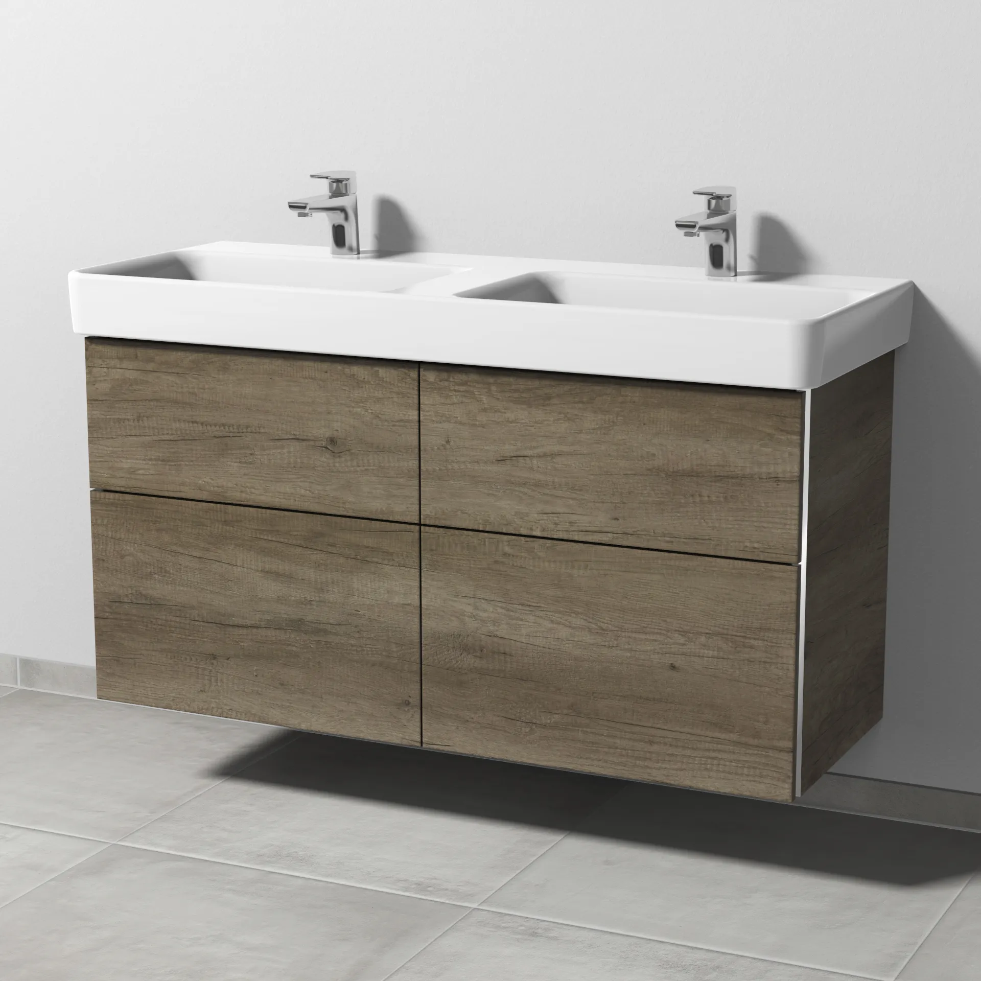 Sanipa Waschtischunterschrank „3way“ passend zu Keramik-Waschtische Pro S von Laufen 1150 × 593 × 437 mm in Eiche Nebraska, Becken links und rechts