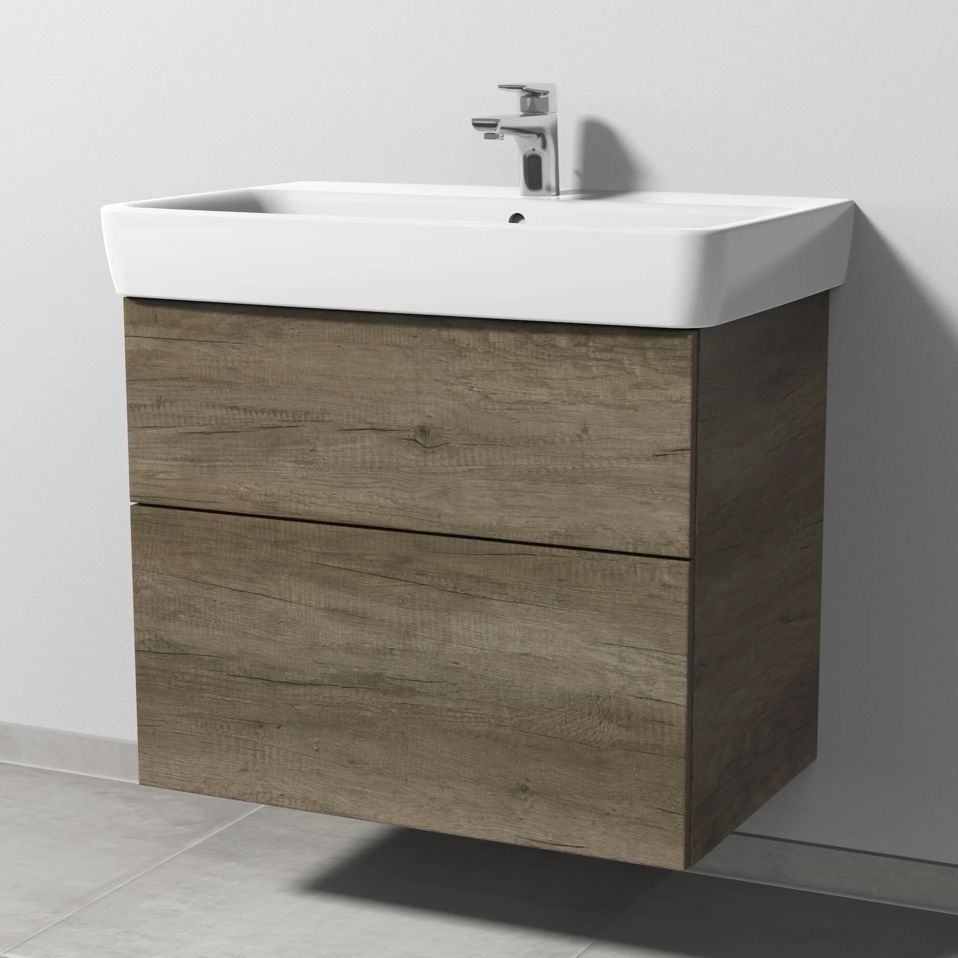 Sanipa Waschtischunterschrank „3way“ passend zu Keramik-Waschtische Renova Plan von Geberit 690 × 588 × 407 mm in Eiche Nebraska, Becken mittig