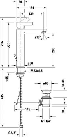 D-Neo Einhebel-Waschtischmischer L mit Zugstange, Ausladung 139mm