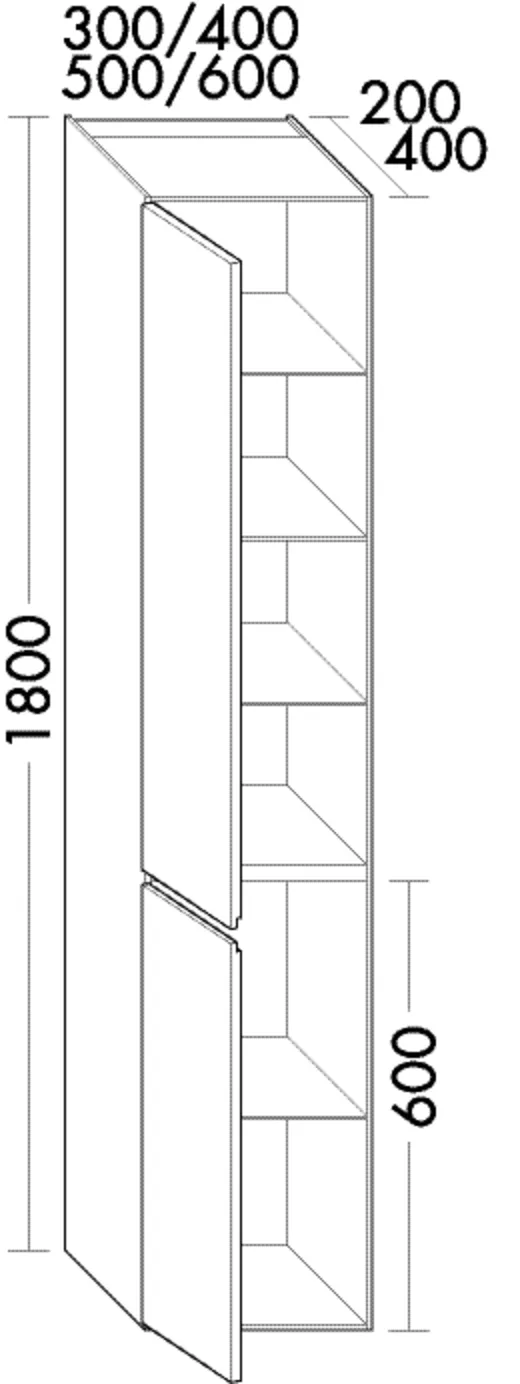 Hochschrank, 2 Türen;4 Glaseinlegeböden;1 fester Boden, Tiefe: 400 mm, Breite: 600 mm, Höhe: 1800 mm