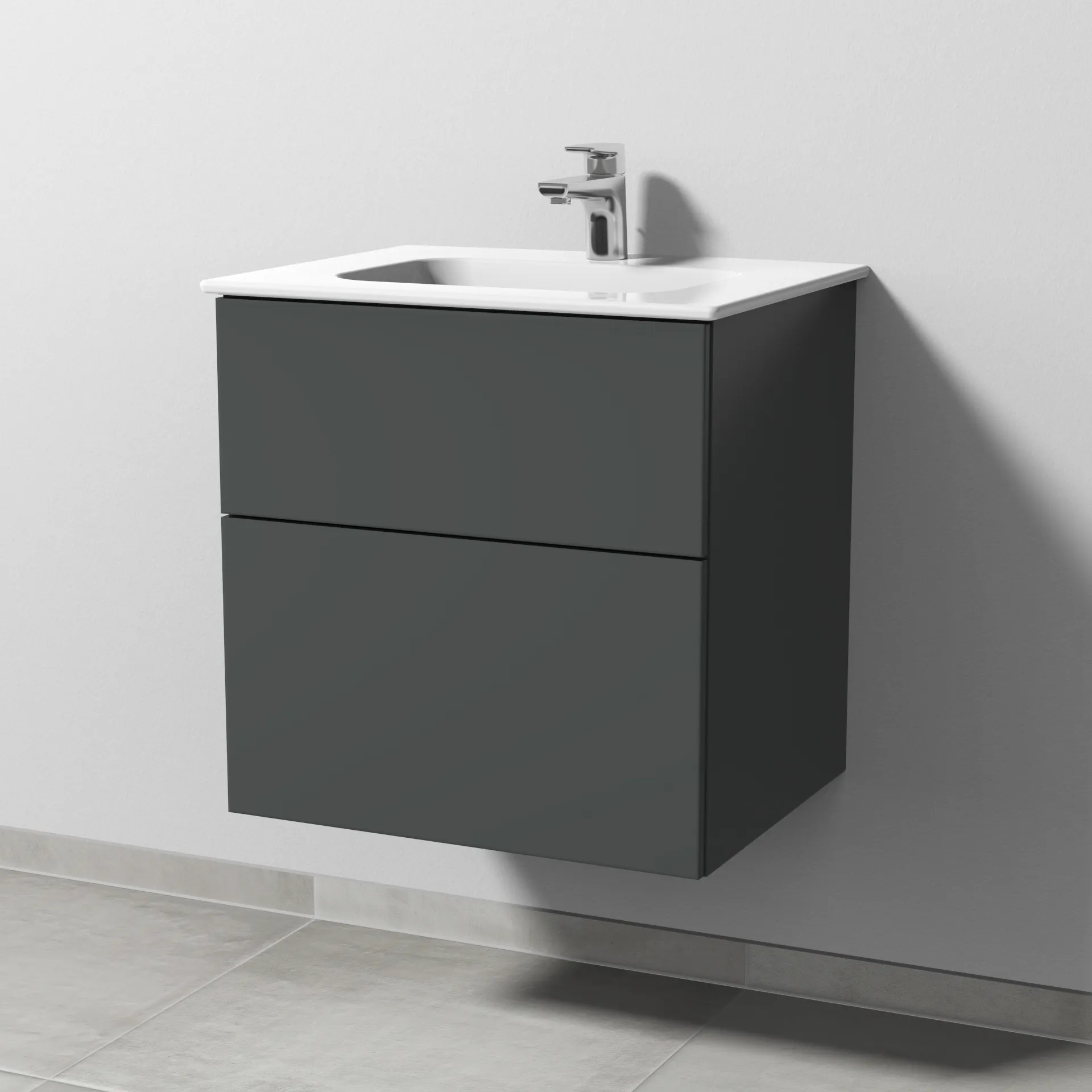 Keramik-Waschtisch-Set mit Waschtischunterschrank „3way“ 57 × 46 × 58,2 cm in Anthrazit (matt), mit Hahnlochbohrung, Becken mittig