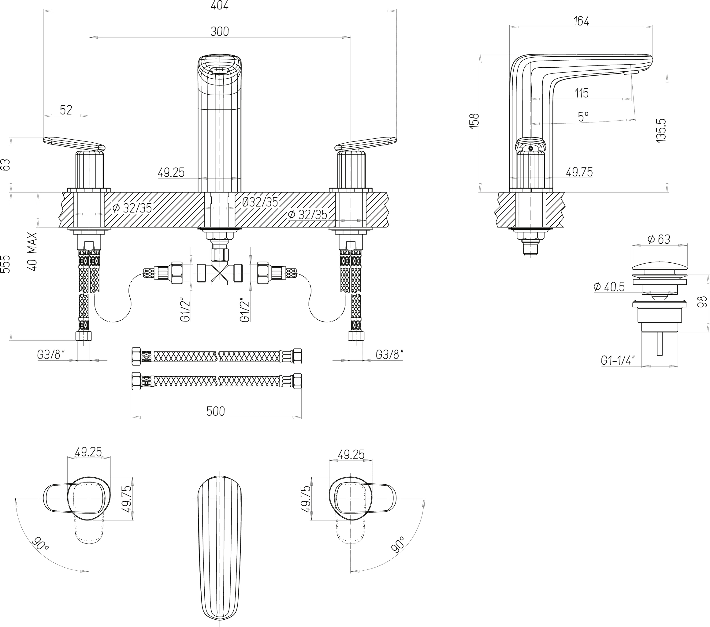 Villeroy & Boch Dreiloch-Waschtischarmatur Antao, Chrom, 404x164x158 mm, verstellbarer Strahlregler, AirPlus, AquaSmart, SmartPressure