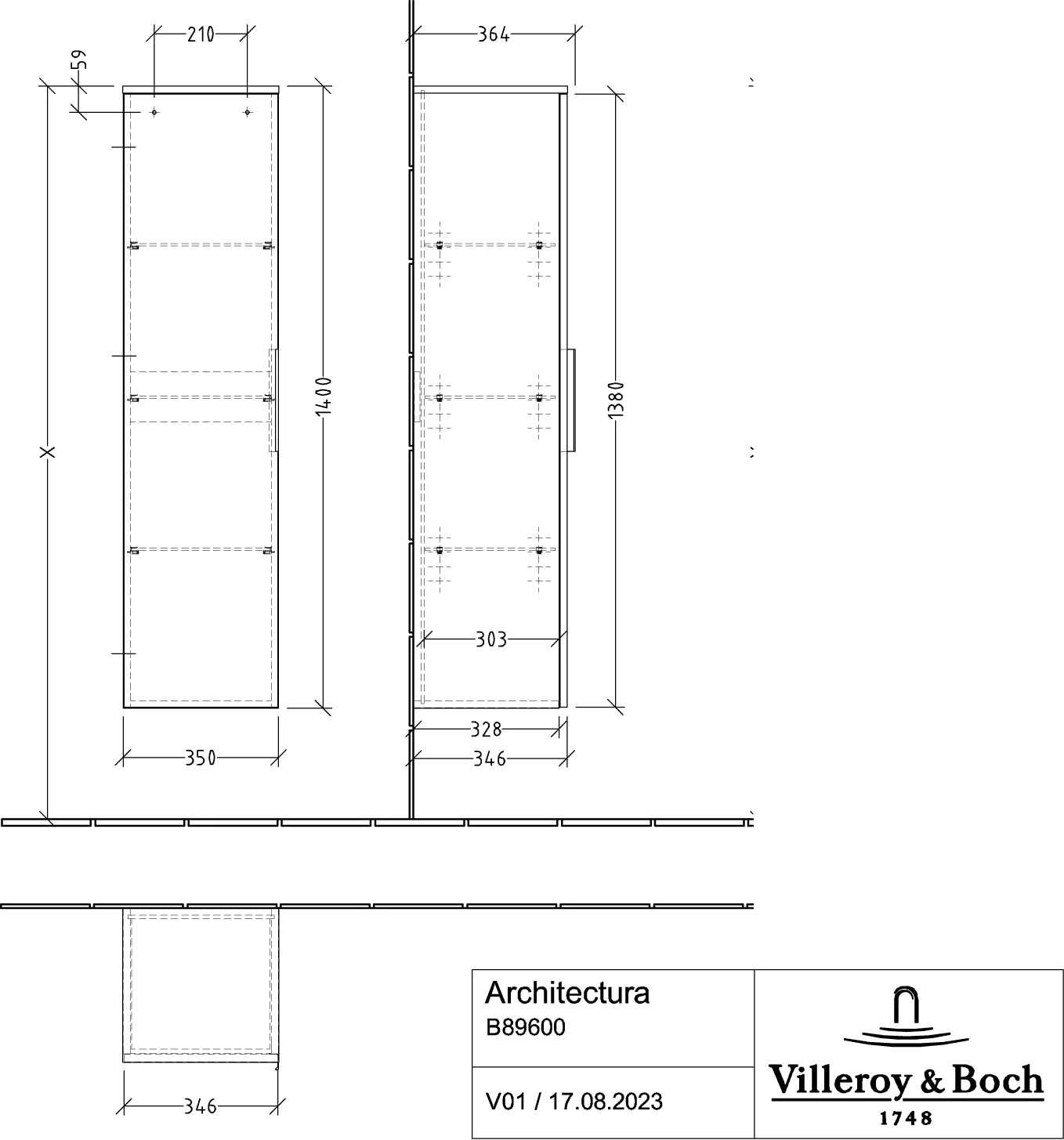 Villeroy & Boch Architectura Hochschrank B89600, 350x1400x364mm, 1 Tür, links Anschlag, White Matt Villeroy & Boch Architectura Hochschrank B89600, 350x1400x364mm, 1 Tür, links Anschlag, White Matt