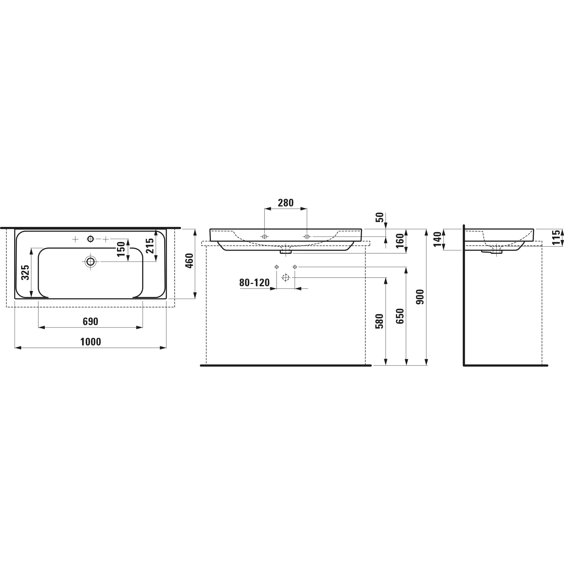 Aufsatzwaschtisch, MEDA, 460x1000x160, Ablage links und rechts, 1 Hahnloch mit Überlauf, weiß