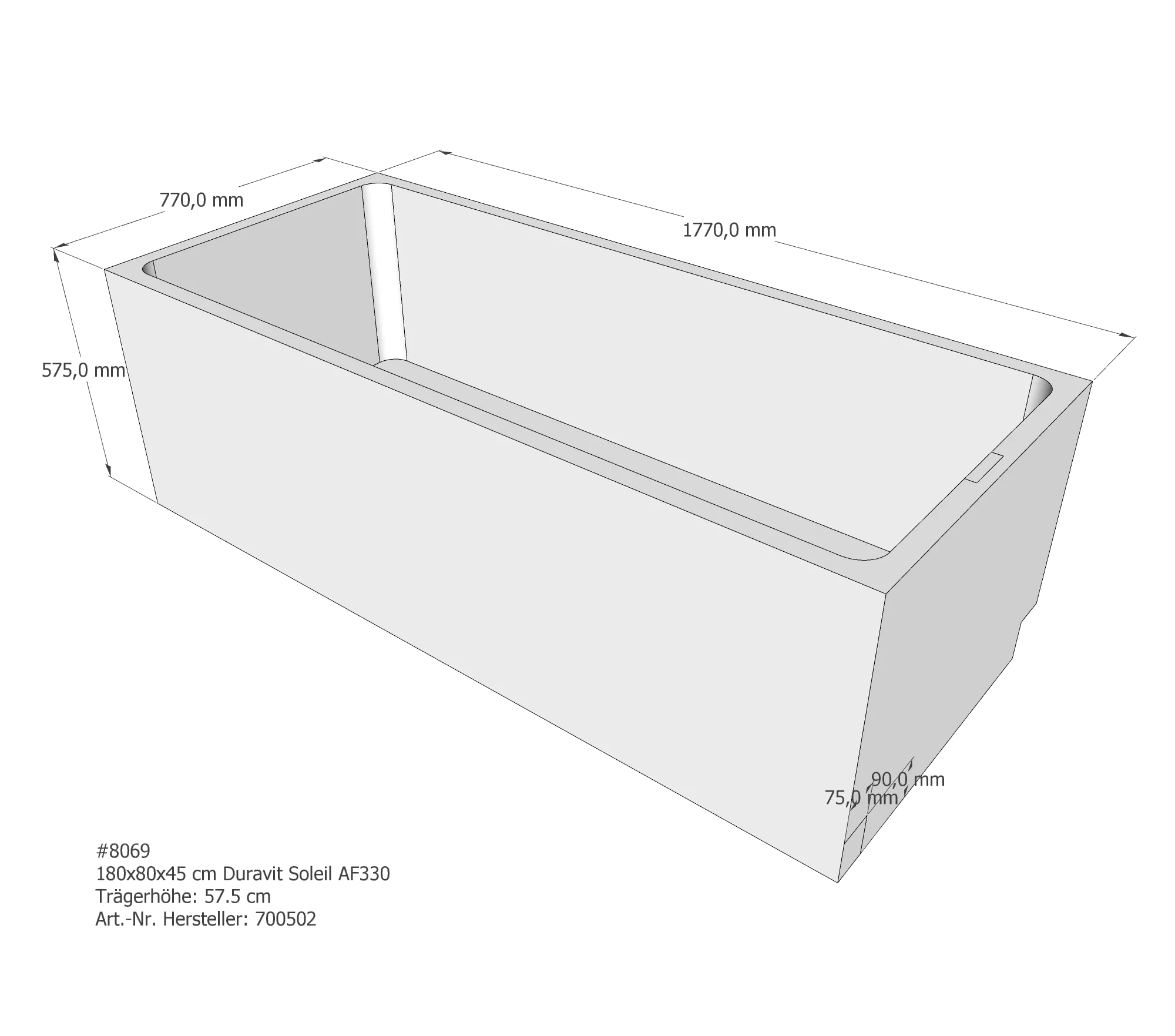 Badewannenträger passend für Duravit Soleil by Starck 180 × 80 × 45 cm