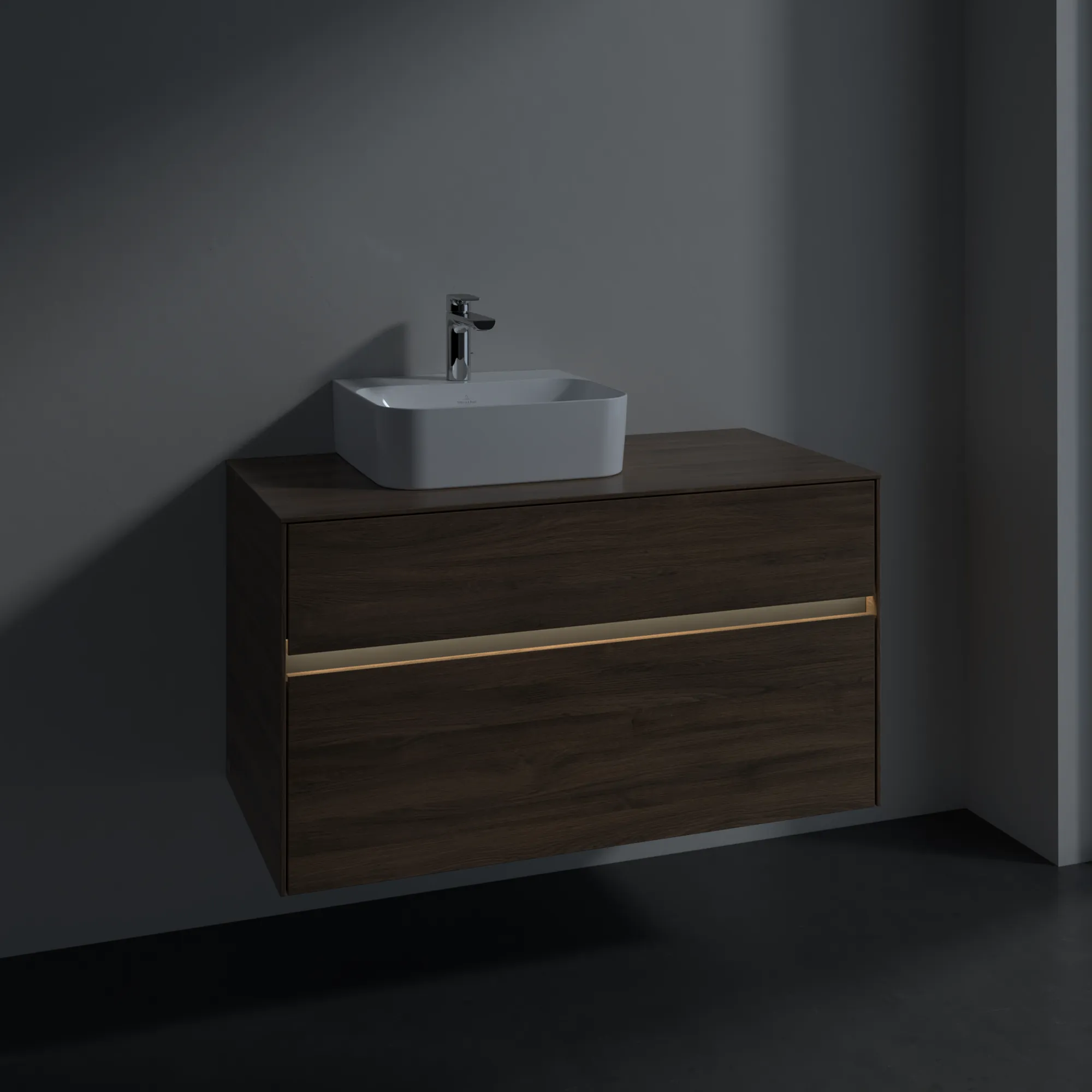 Villeroy & Boch Waschtischunterschrank „Collaro“ 1000 × 548 × 500 mm Arizona Oak, mit Beleuchtung, für Becken links Villeroy & Boch Waschtischunterschrank „Collaro“ 1000 × 548 × 500 mm Arizona Oak, mit Beleuchtung, für Becken links