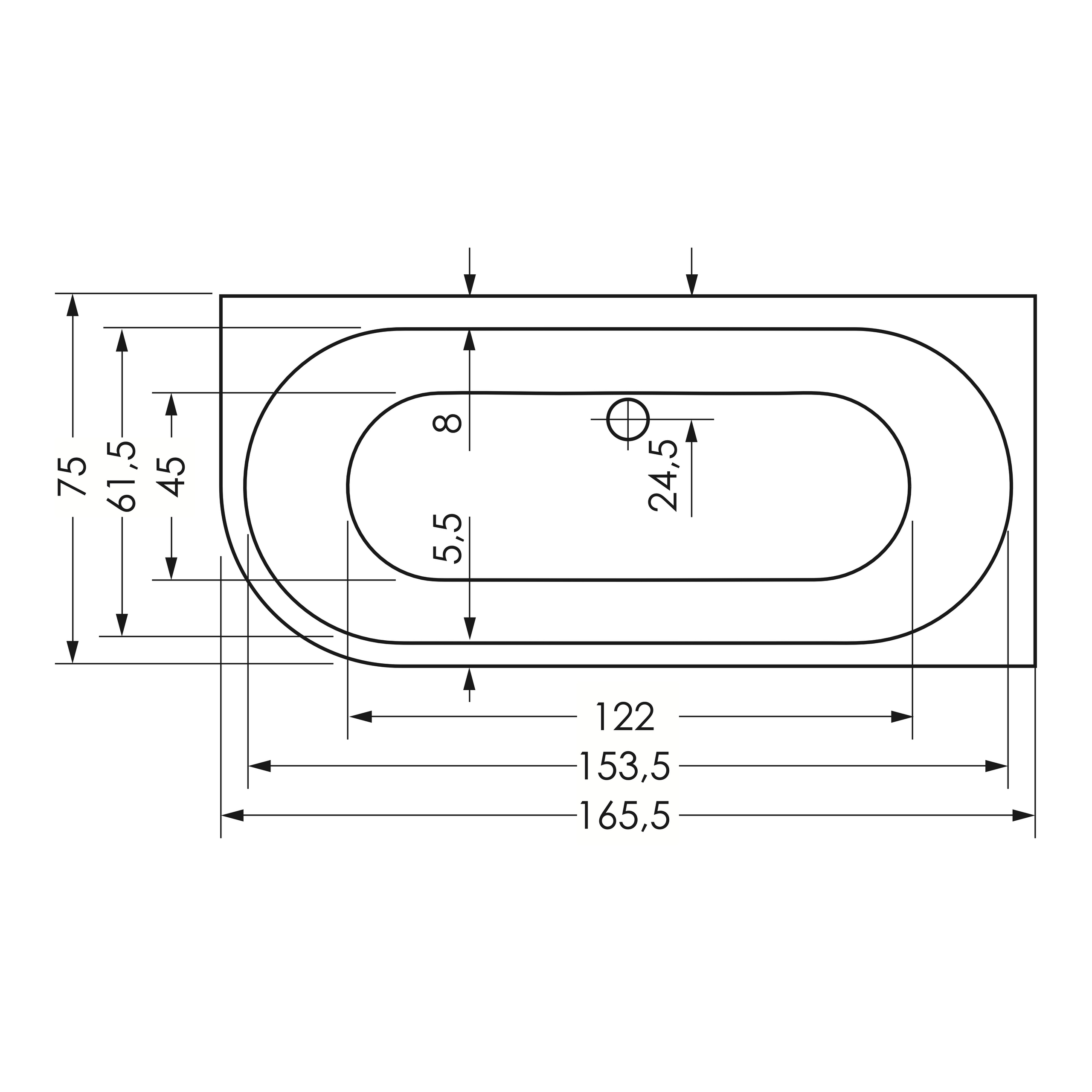 repaBAD Badewanne „Livorno Oval F“ freistehend oval 1650 × 750 mm, Mittelablauf in Weiß