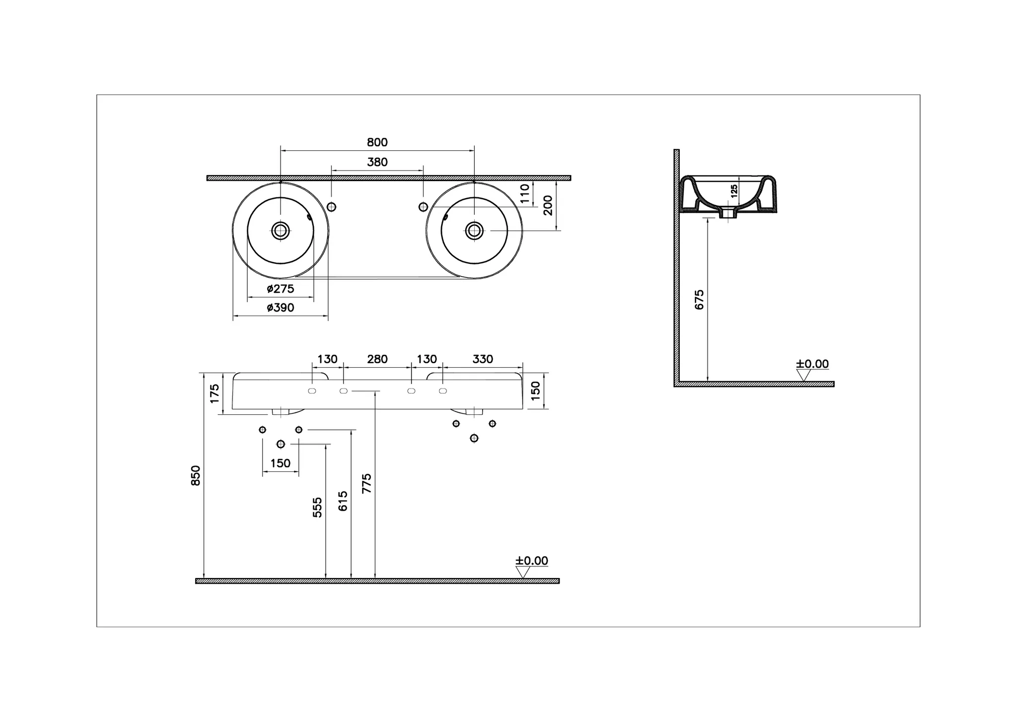 Liquid Doppelwaschtisch, 1205 x 405 mm, Wandmontage, mit 2 Becken mit großer Mittelablage (Breite 380 mm), Beckenform rund, Durchmesser Außenmaß 390 mm, Durchmesser Innenmaß 275 mm, Höhe Innenbecken 125 mm, mit 2 Hahnlöchern, mit 2 Überlauflöchern, Mater Liquid Doppelwaschtisch, 1205 x 405 mm, Wandmontage, mit 2 Becken mit großer Mittelablage (Breite 380 mm), Beckenform rund, Durchmesser Außenmaß 390 mm, Durchmesser Innenmaß 275 mm, Höhe Innenbecken 125 mm, mit 2 Hahnlöchern, mit 2 Überlauflöchern, Mater