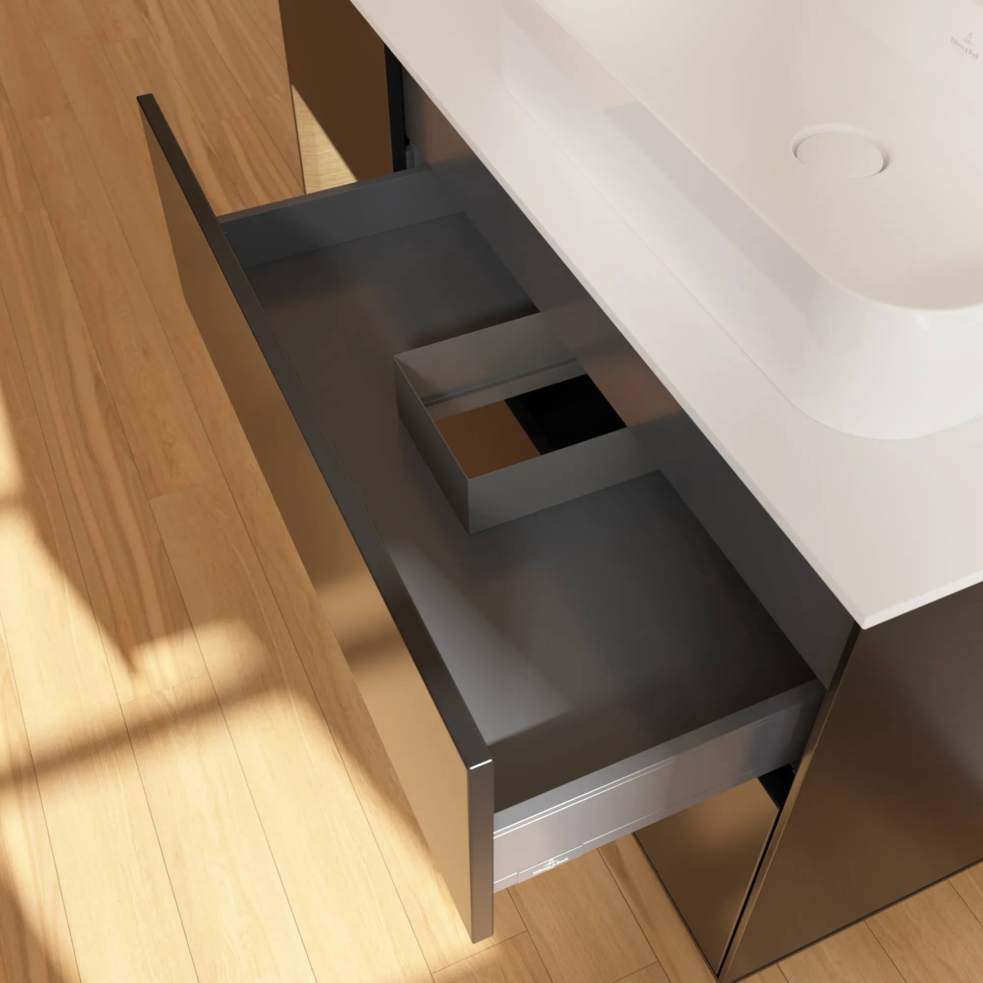 Villeroy & Boch Waschtischunterschrank „Finion“ für Schrankwaschtisch 1200 × 603 × 501 mm Black Matt Lacquer, für Becken rechts Villeroy & Boch Waschtischunterschrank „Finion“ für Schrankwaschtisch 1200 × 603 × 501 mm Black Matt Lacquer, für Becken rechts