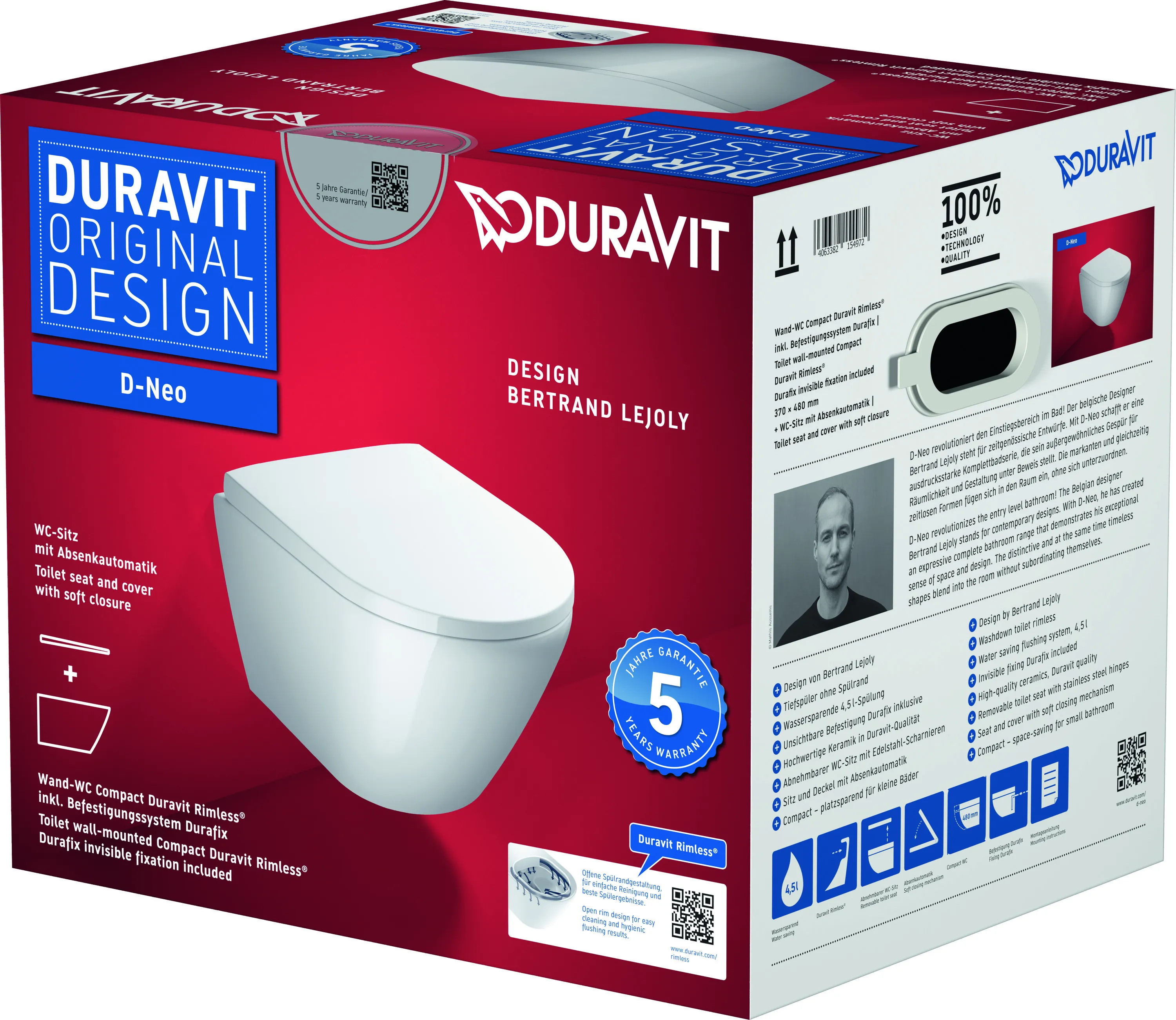 Duravit Wand-Tiefspül-WC inkl. WC-Sitz „D-Neo“ 37 × 48 × 40 cm, Befestigung sichtbar