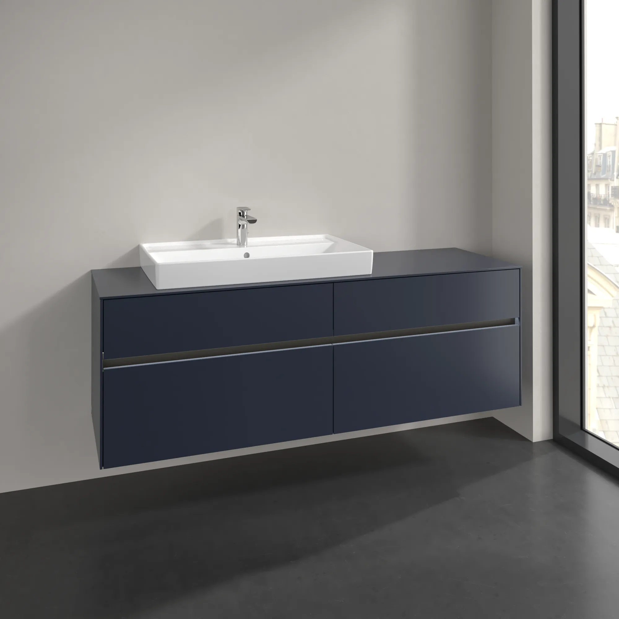 Villeroy & Boch Waschtischunterschrank „Collaro“ 1600 × 548 × 500 mm Marine Blue, mit Beleuchtung, für Becken links