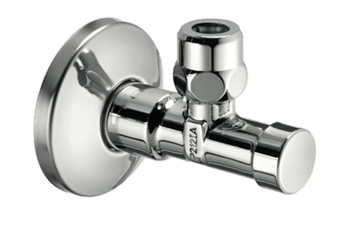 Eckventil mit Regulierfunktion und gesicherter Betätigung, Gesicherte Betätigung, Schubrosette Ø 54 mm, DN 15 G 1/2 AG, Ø 10 mm (DN 10 G 3/8 AG), chrom