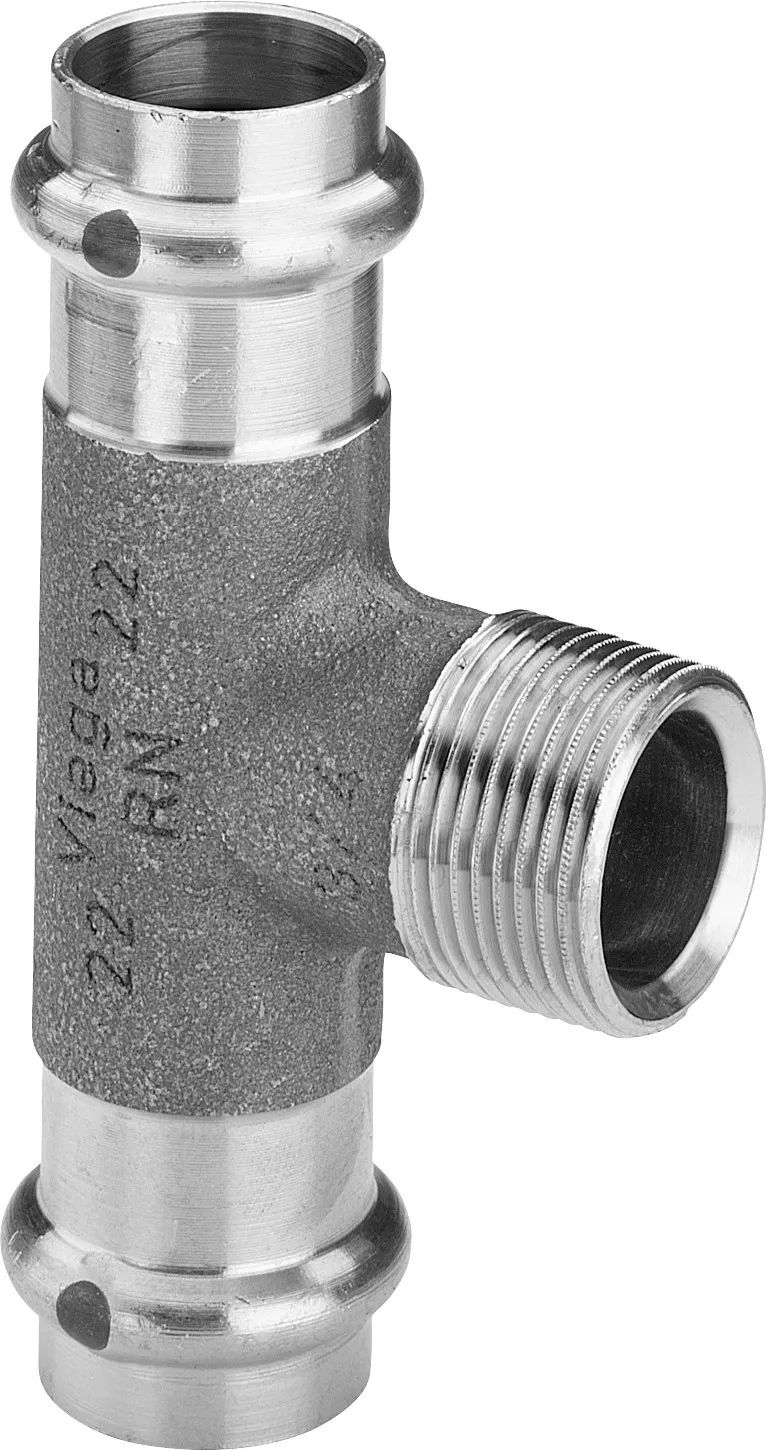 „Sanpress“ T-Stück mit 2 Muffen und Außengewinde 35 mm × 3/4″ × 35 mm „Sanpress“ T-Stück mit 2 Muffen und Außengewinde 35 mm × 3/4″ × 35 mm