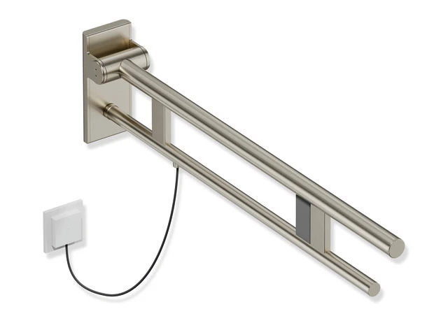 Stützklappgriff Duo, Design A des Systems 900, Edelstahl, PVD, Ausladung 850 mm, mit Spülauslösung (E-Ausführung), Ausführung rechts, in Farbe CK (messing glänzend)