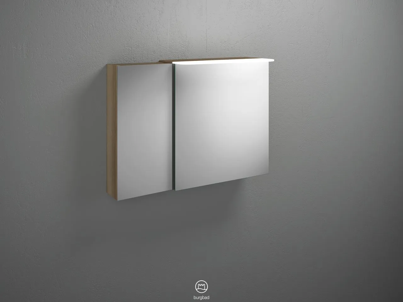 Spiegelschrank Badu von burgbad - 900 mm breit, 310 mm tief, 665 mm hoch mit LED-Aufsatzleuchte und beidseitig verspiegelten Spiegeltüren