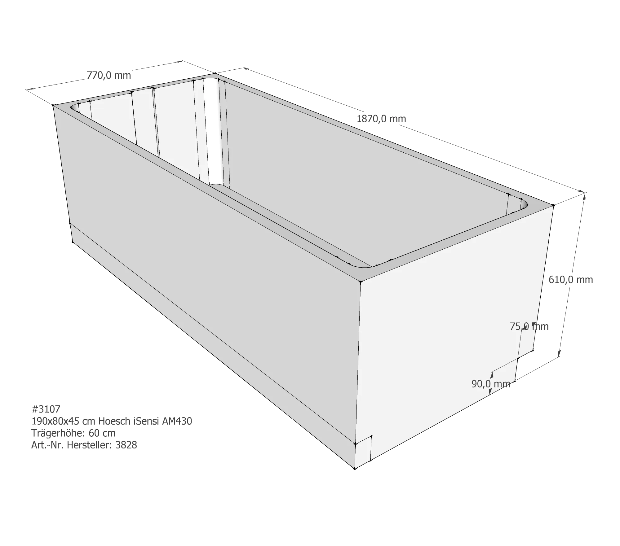 Badewannenträger passend für Hoesch iSensi 190 × 80 × 45 cm
