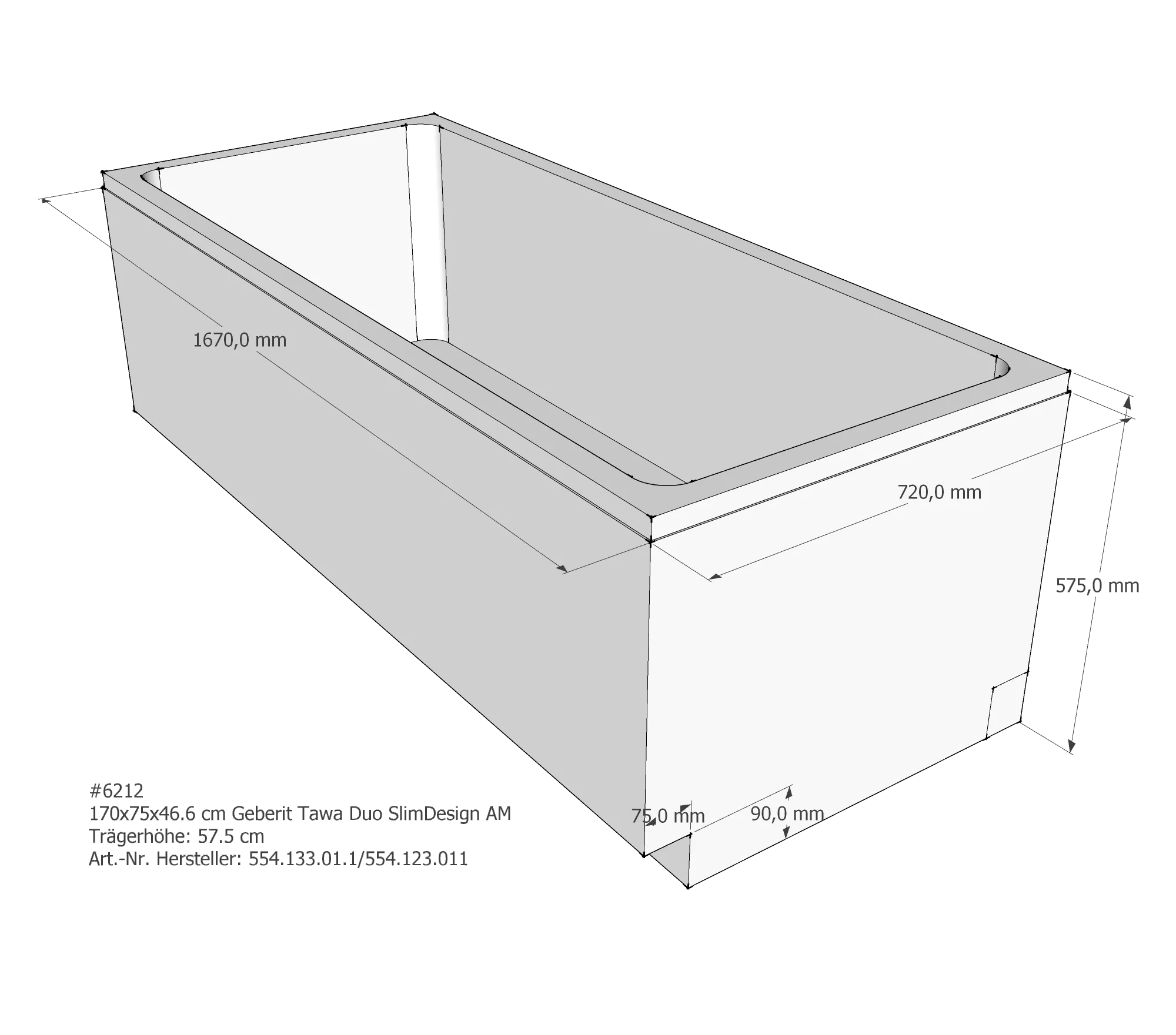 Badewannenträger für Geberit Tawa Duo Slim Design 170 × 75 × 46,6 cm
