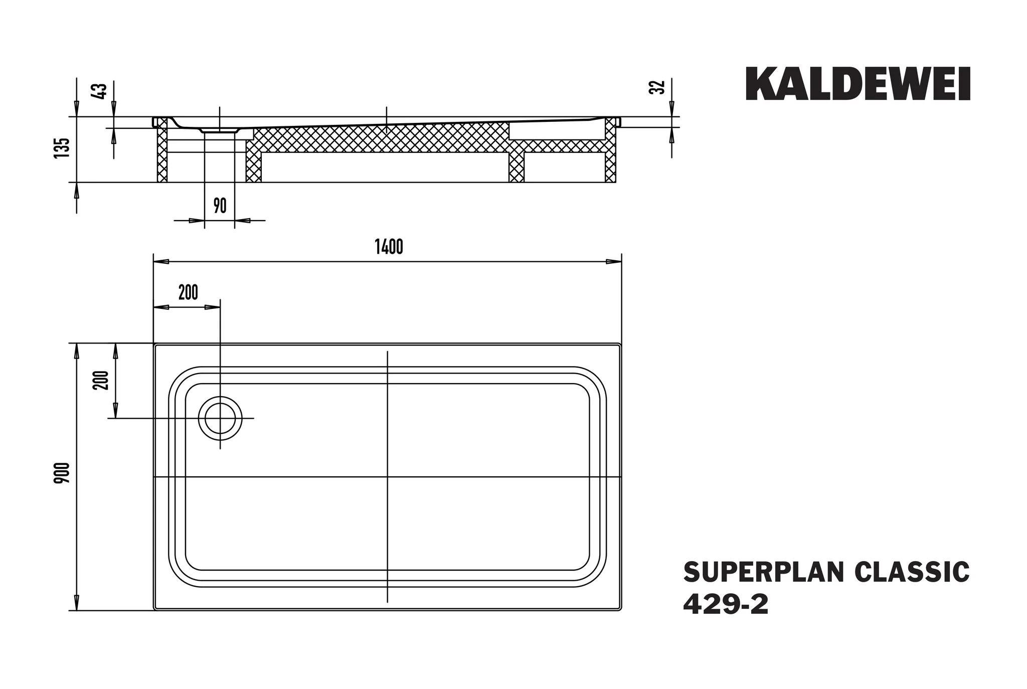 Kaldewei SUPERPLAN CLASSIC Duschfläche mit Wannenträger, 900 x 1400 mm, cool grey 30, SECURE PLUS Antislip, 43 mm tief