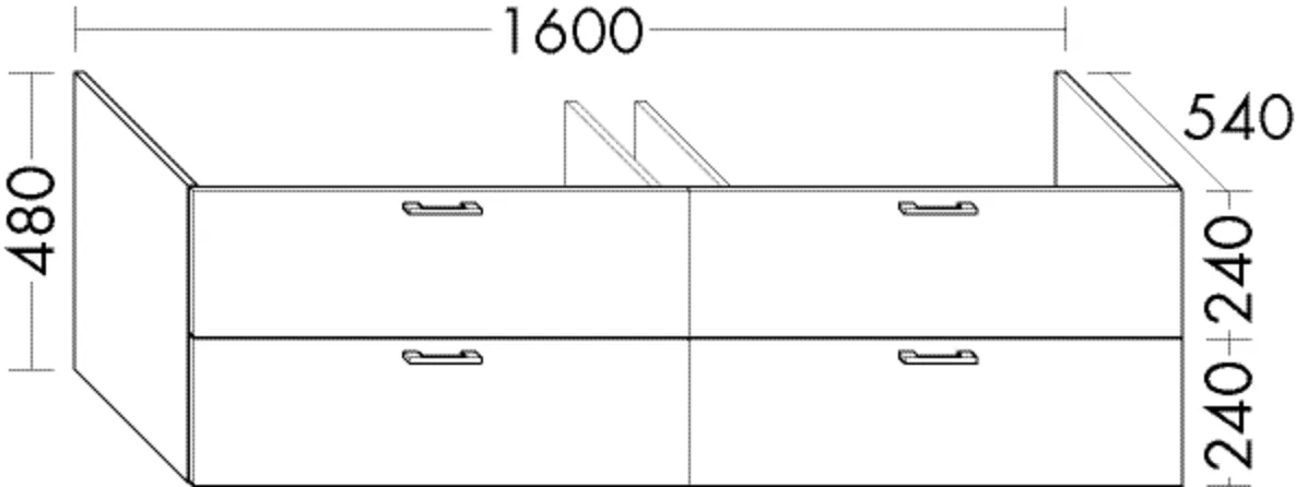 Burgbad Waschtischunterschrank Sys30, 1600 mm breit, 480 mm hoch, 540 mm tief, 2 Schubladen oben (350 mm), 2 Auszüge unten (420 mm), mittiger Installationsraum