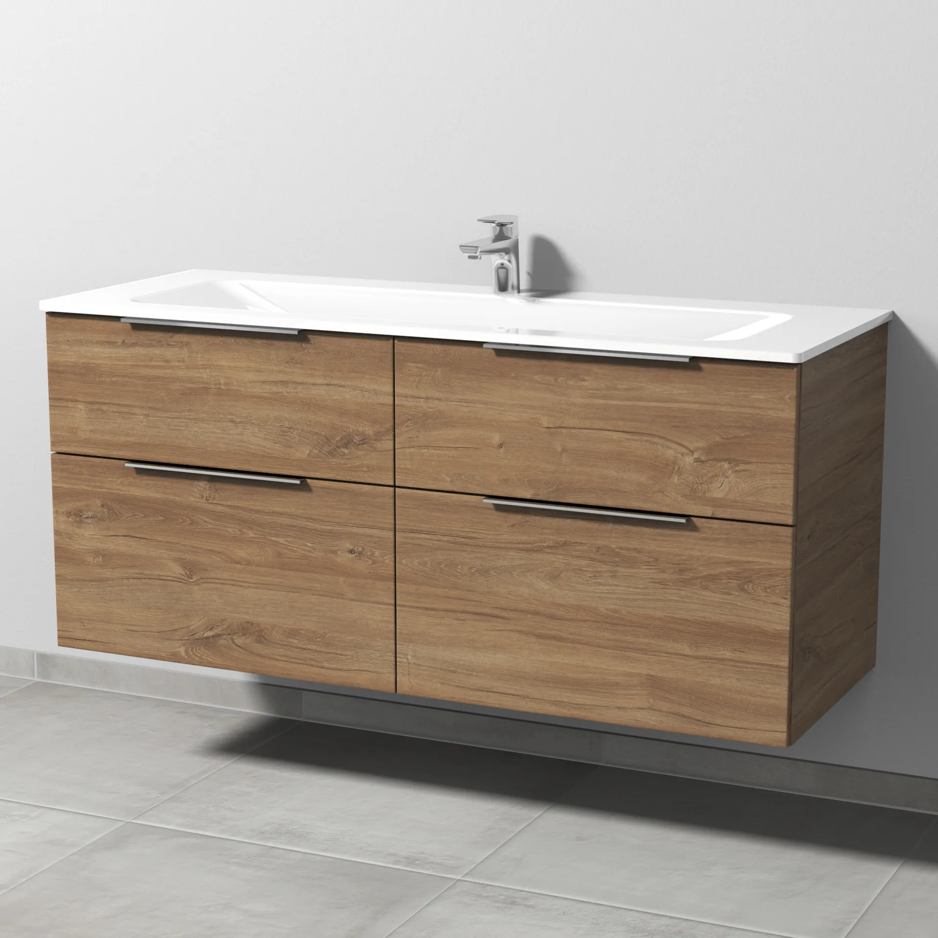 Glas-Waschtisch-Set mit Waschtischunterschrank „3way“ 130 × 48,7 × 58,2 cm in Eiche Kansas, mit Hahnlochbohrung