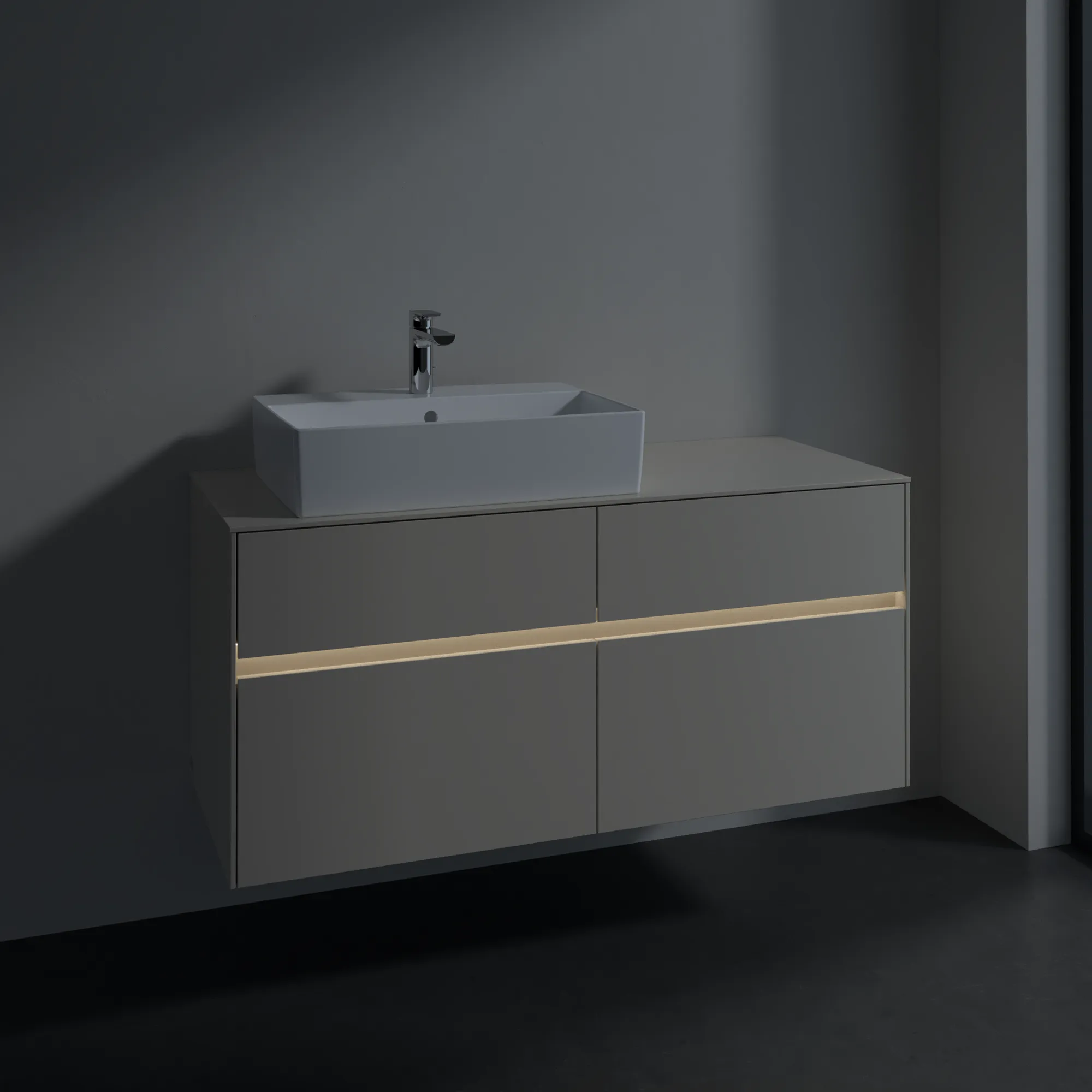 Villeroy & Boch Waschtischunterschrank „Collaro“ 1200 × 548 × 500 mm Cashmere Grey, mit Beleuchtung, für Becken links Villeroy & Boch Waschtischunterschrank „Collaro“ 1200 × 548 × 500 mm Cashmere Grey, mit Beleuchtung, für Becken links